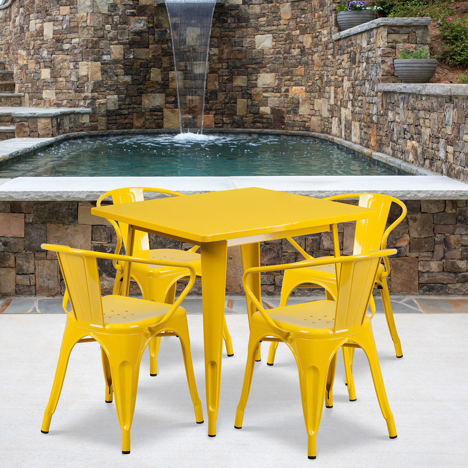 BLNK - Grady Commercial Square Metal Indoor-Outdoor Table Set with 4 Arm Chairs