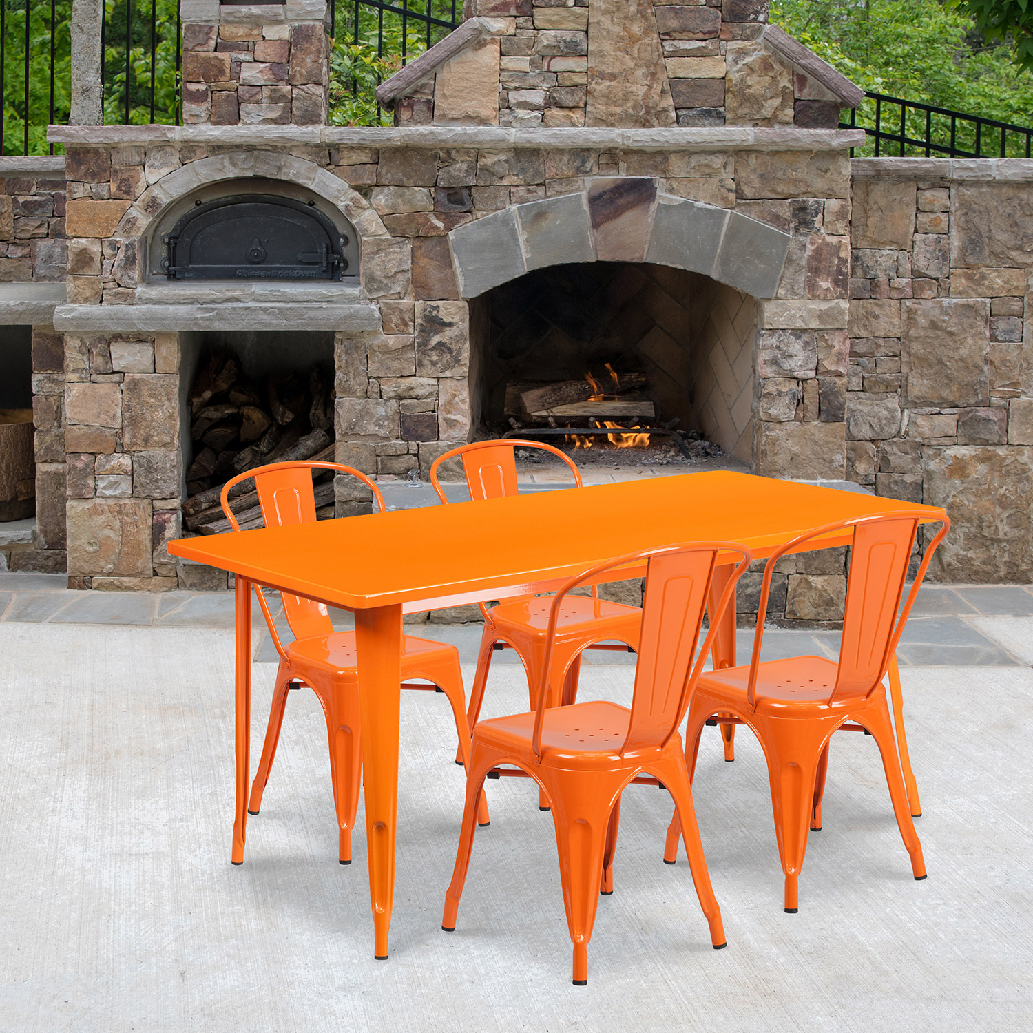 BLNK - Darcy Commercial Rectangular Metal Indoor-Outdoor Table Set with 4 Stack Chairs