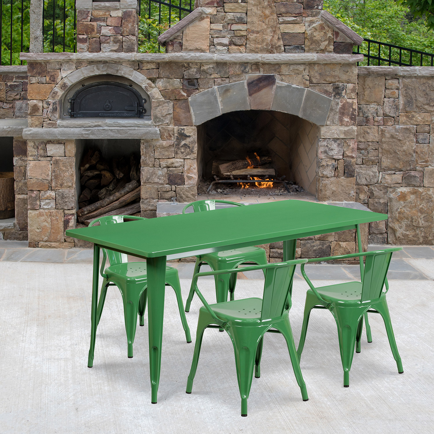 BLNK - Fisher Commercial Rectangular Metal Indoor-Outdoor Table Set with 4 Arm Chairs
