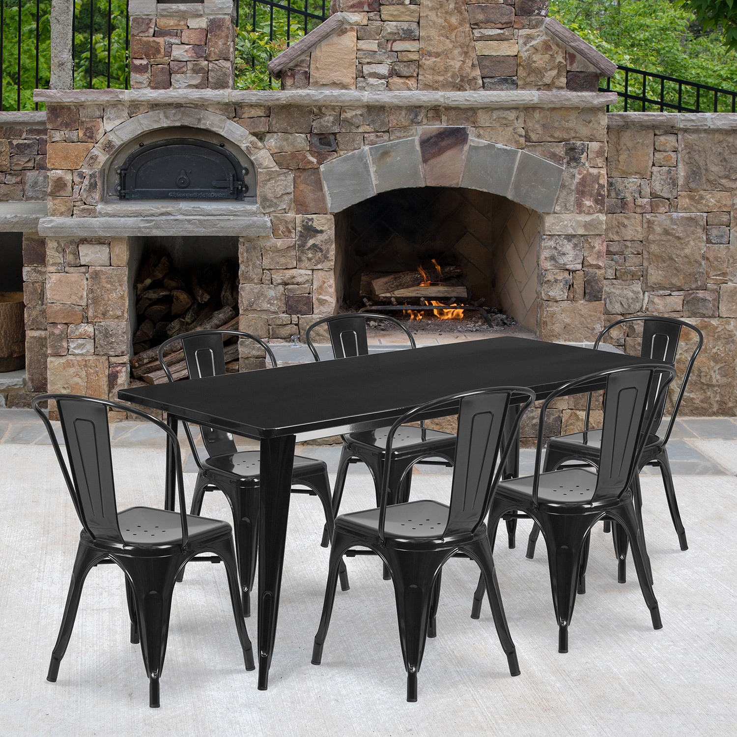 BLNK - Gilbert Commercial Rectangular Metal Indoor-Outdoor Table Set with 6 Stack Chairs