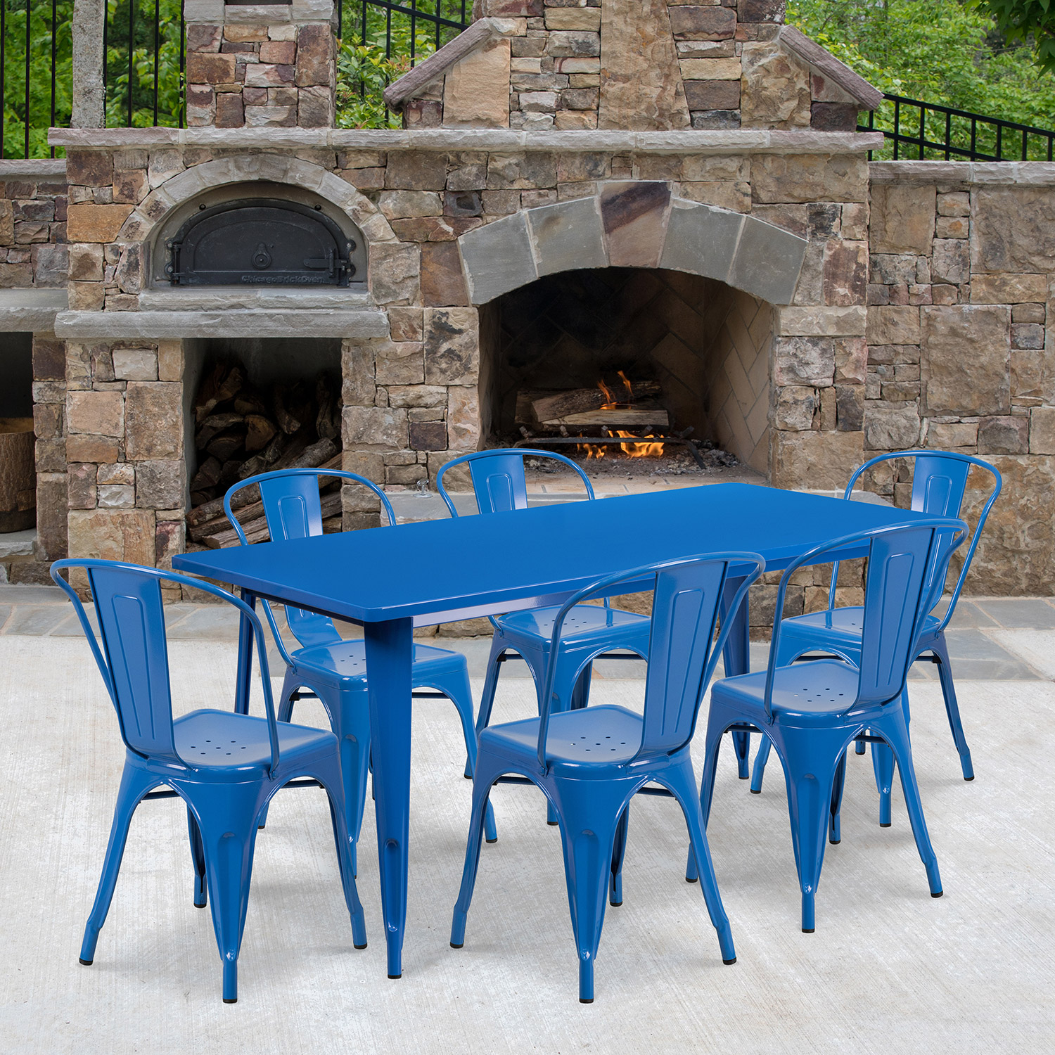 BLNK - Gilbert Commercial Rectangular Metal Indoor-Outdoor Table Set with 6 Stack Chairs