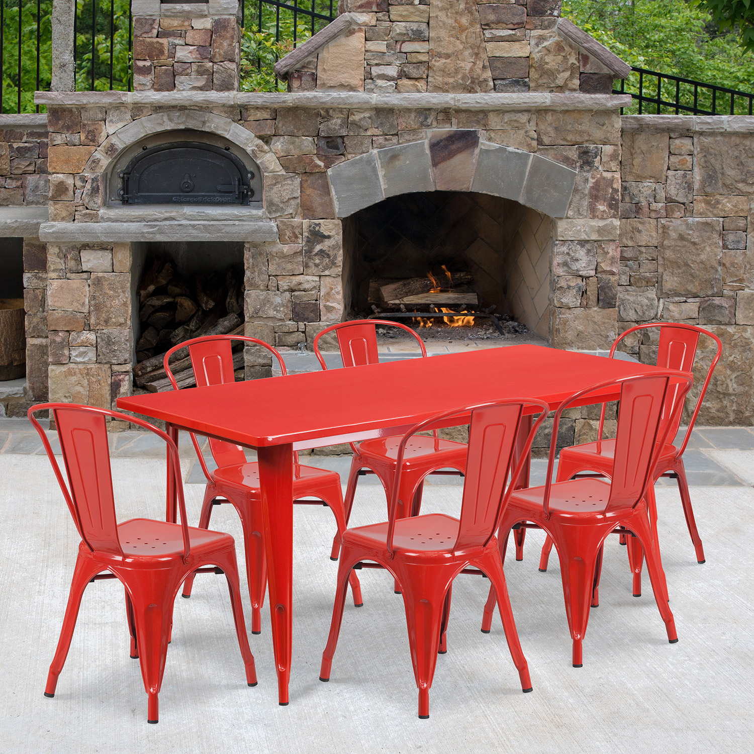 BLNK - Gilbert Commercial Rectangular Metal Indoor-Outdoor Table Set with 6 Stack Chairs