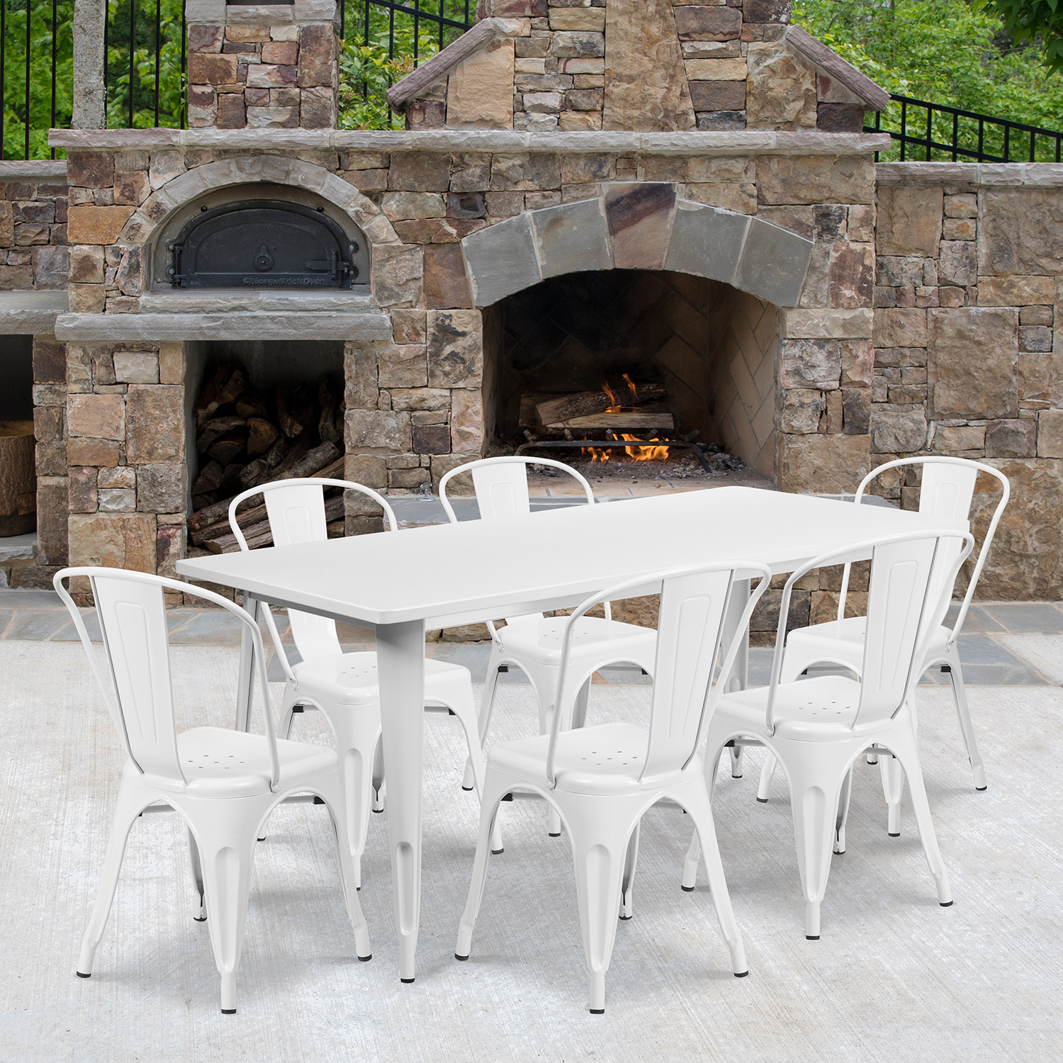 BLNK - Gilbert Commercial Rectangular Metal Indoor-Outdoor Table Set with 6 Stack Chairs