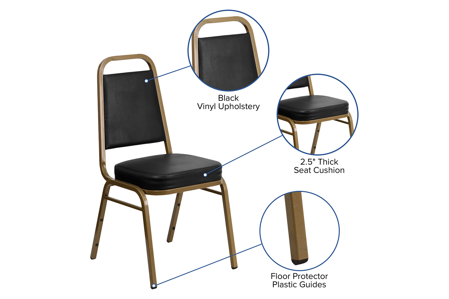 BLNK HERCULES Series Vinyl Trapezoidal Back Stacking Banquet Chair with Gold Frame - Black