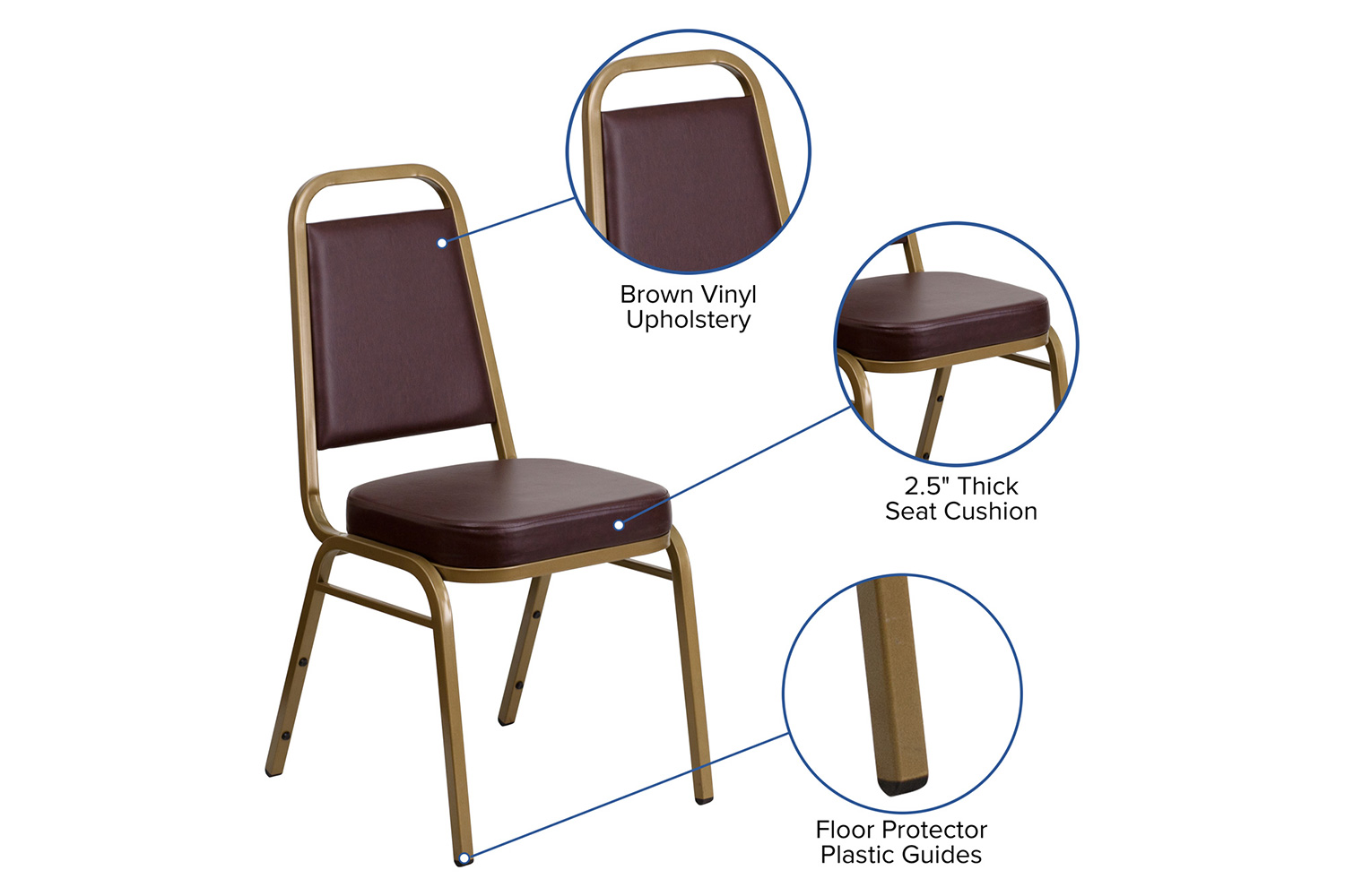 BLNK HERCULES Series Vinyl Trapezoidal Back Stacking Banquet Chair with Gold Frame - Brown