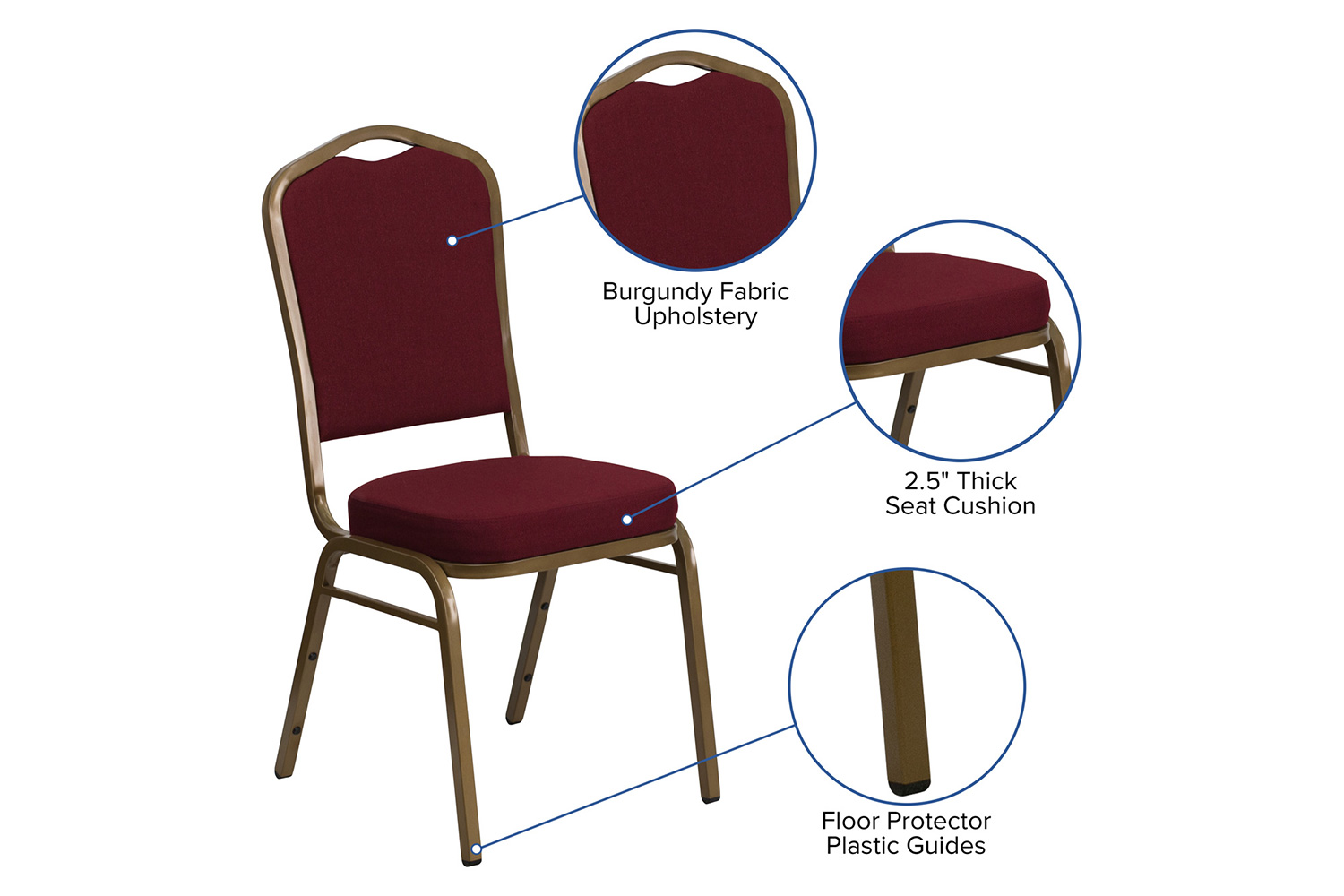 BLNK HERCULES Series Fabric Crown Back Stacking Banquet Chair with Gold Frame - Burgundy