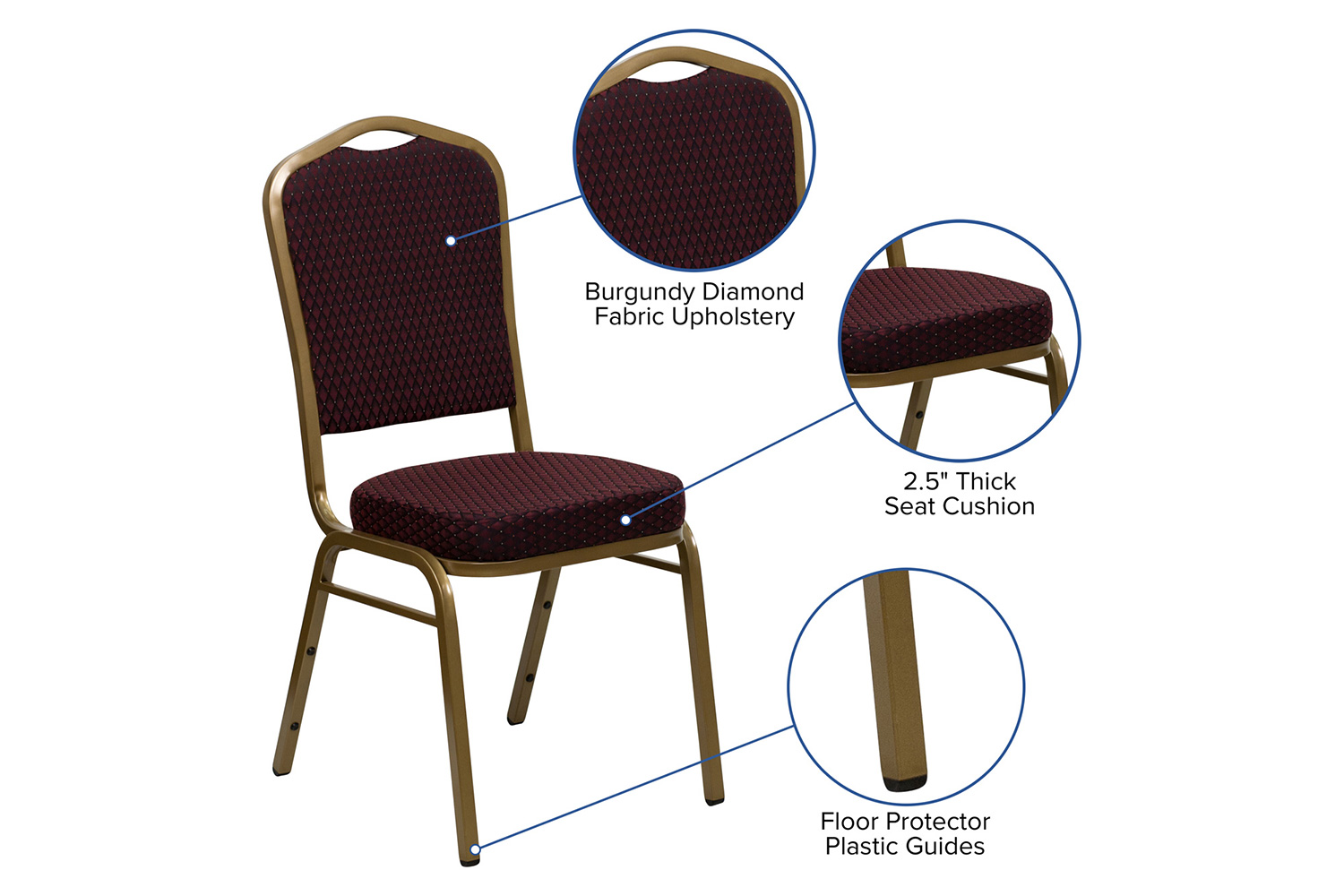 BLNK HERCULES Series Fabric Crown Back Stacking Banquet Chair with Gold Frame - Burgundy Patterned