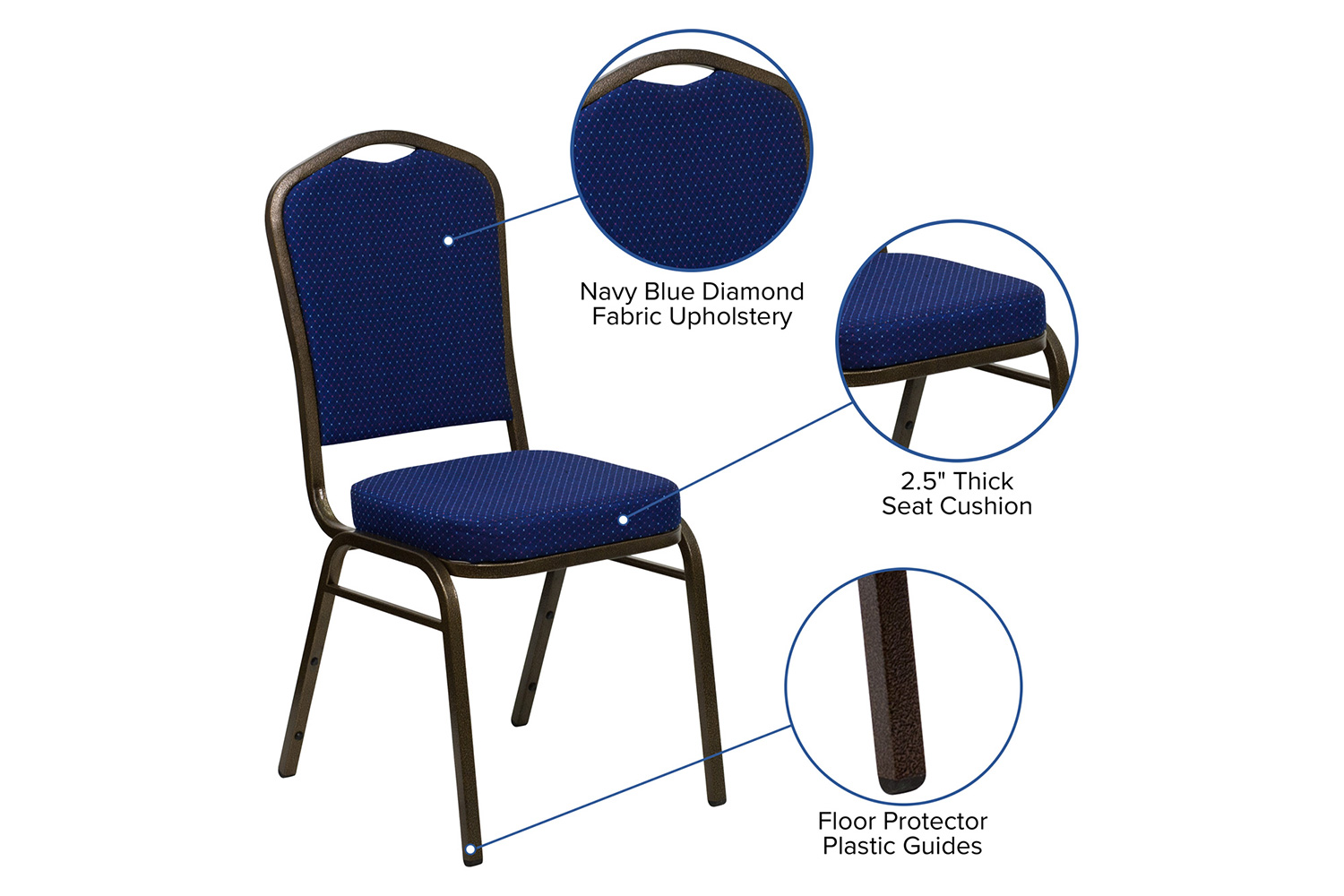 BLNK HERCULES Series Fabric Crown Back Stacking Banquet Chair with Gold Vein Frame - Navy Blue Patterned