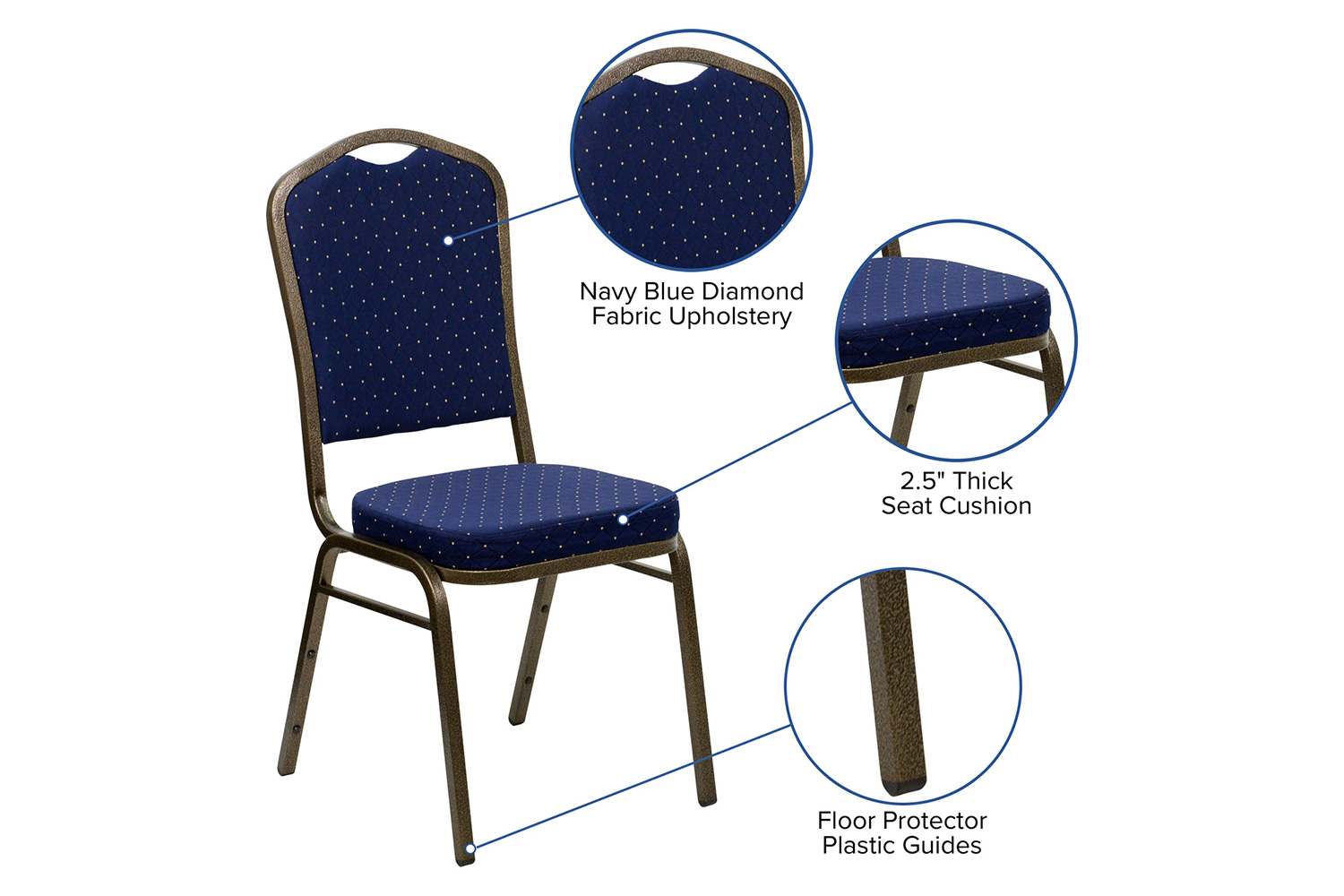 BLNK HERCULES Series Fabric Crown Back Stacking Banquet Chair with Gold Vein Frame - Navy Blue Dot Patterned