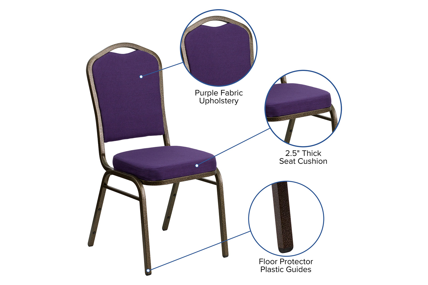 BLNK HERCULES Series Fabric Crown Back Stacking Banquet Chair with Gold Vein Frame - Purple