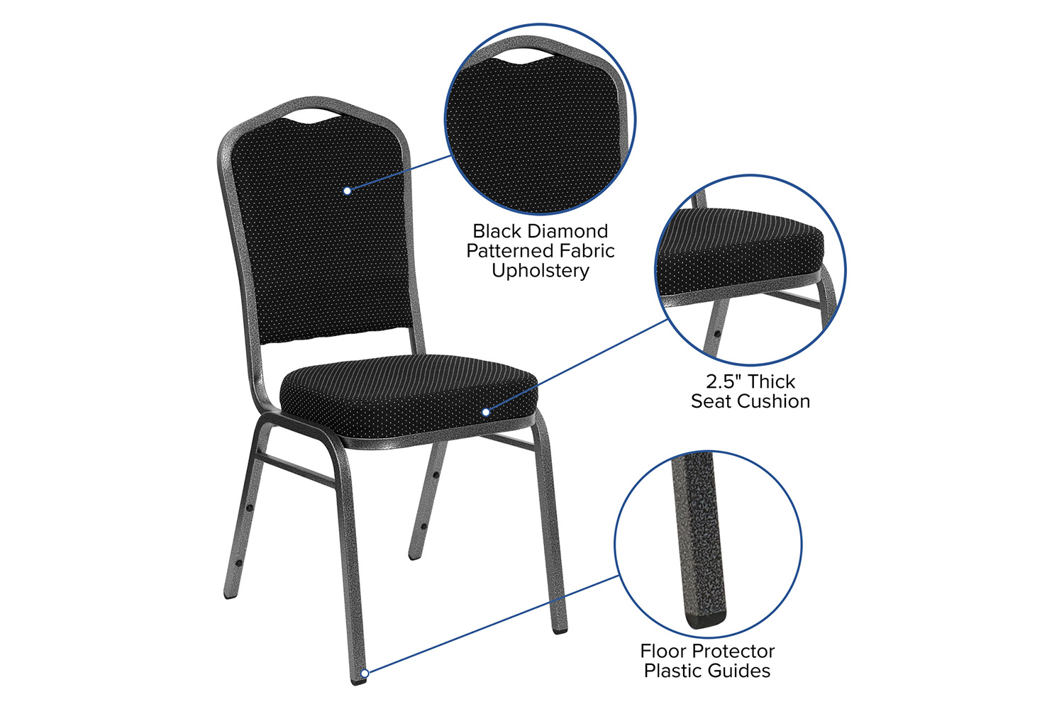 BLNK HERCULES Series Fabric Crown Back Stacking Banquet Chair with Silver Vein Frame - Black Dot Patterned