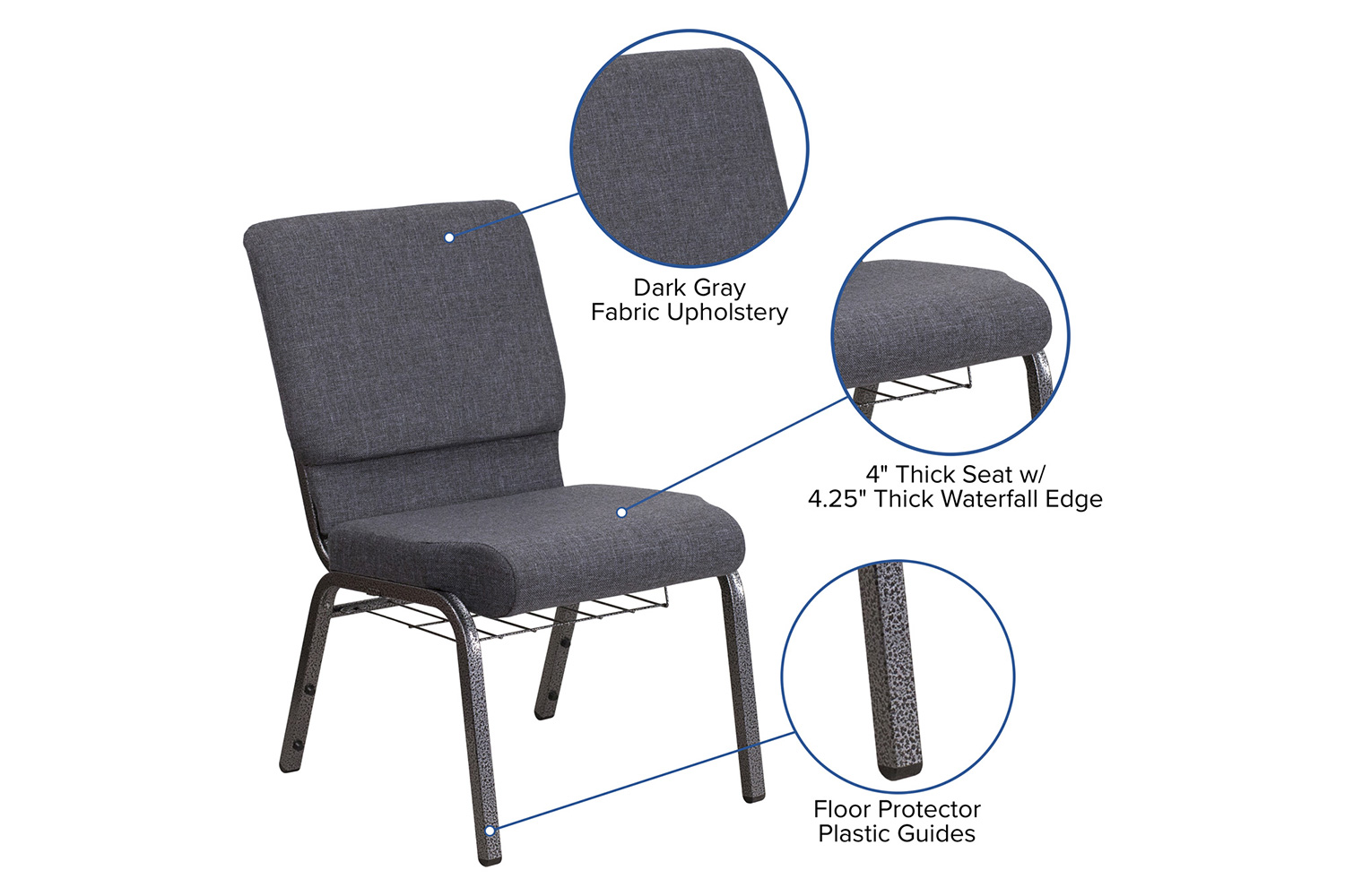 BLNK HERCULES Series Fabric Church Chair with Book Rack and Silver Vein Frame - Dark Gray
