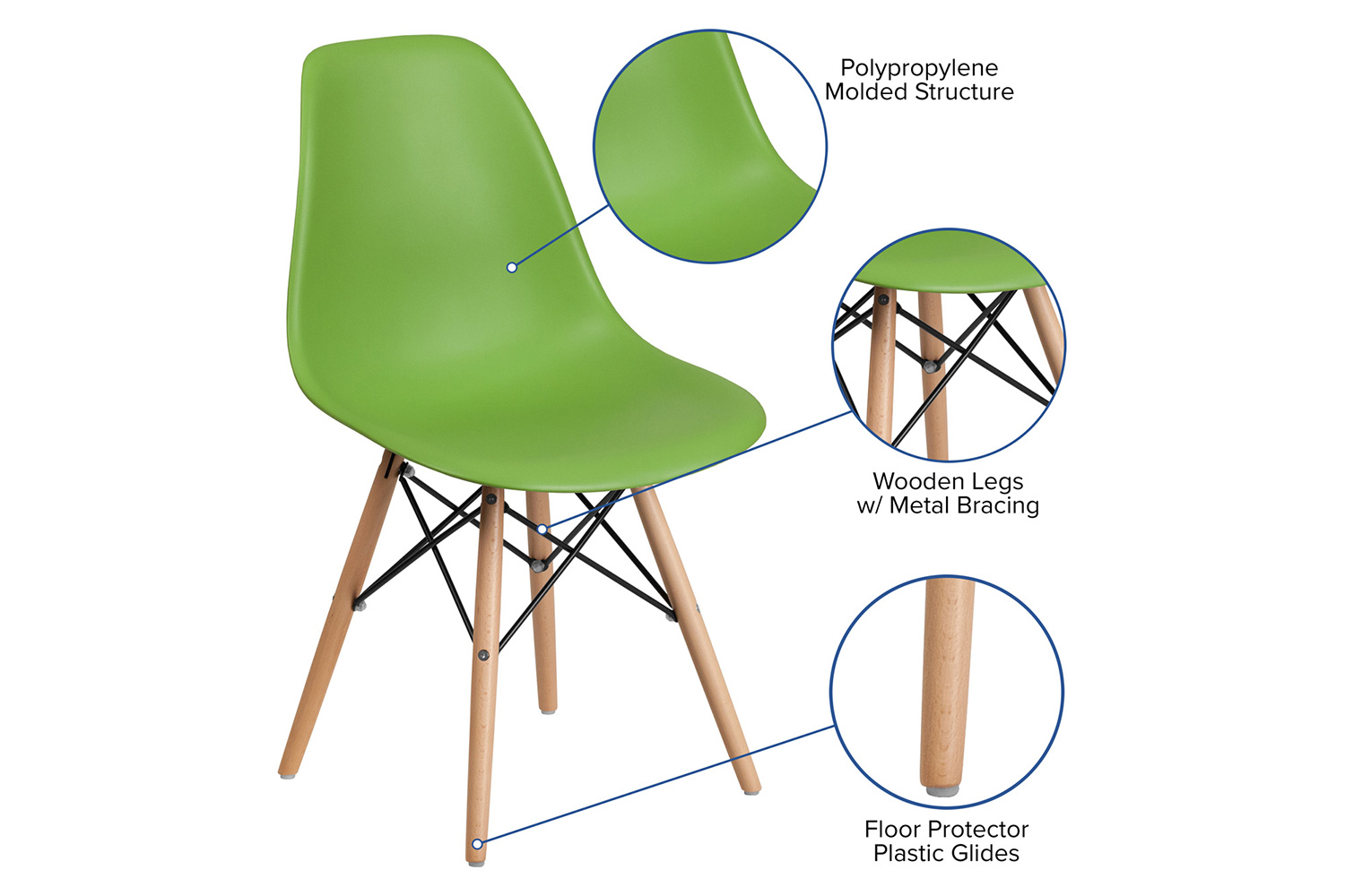 BLNK Elon Series Plastic Chair with Wooden Legs - Green