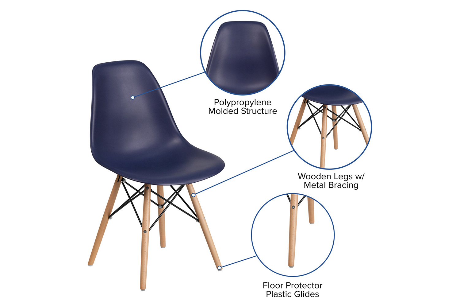 BLNK Elon Series Plastic Chair with Wooden Legs - Navy