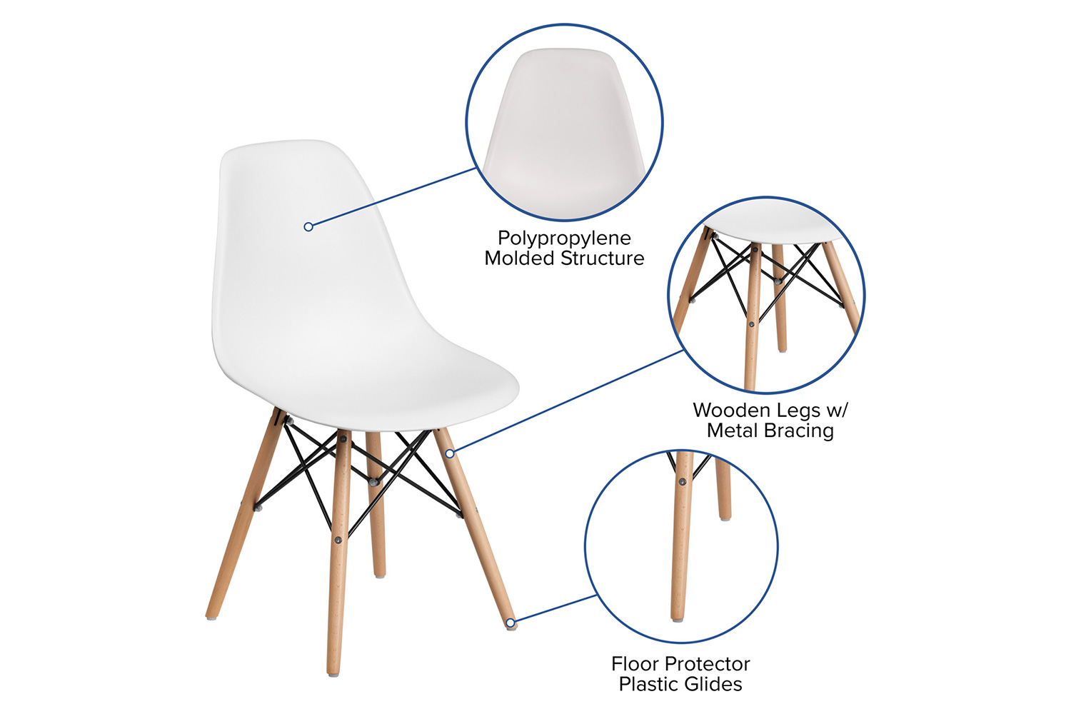 BLNK Elon Series Plastic Chair with Wooden Legs - White