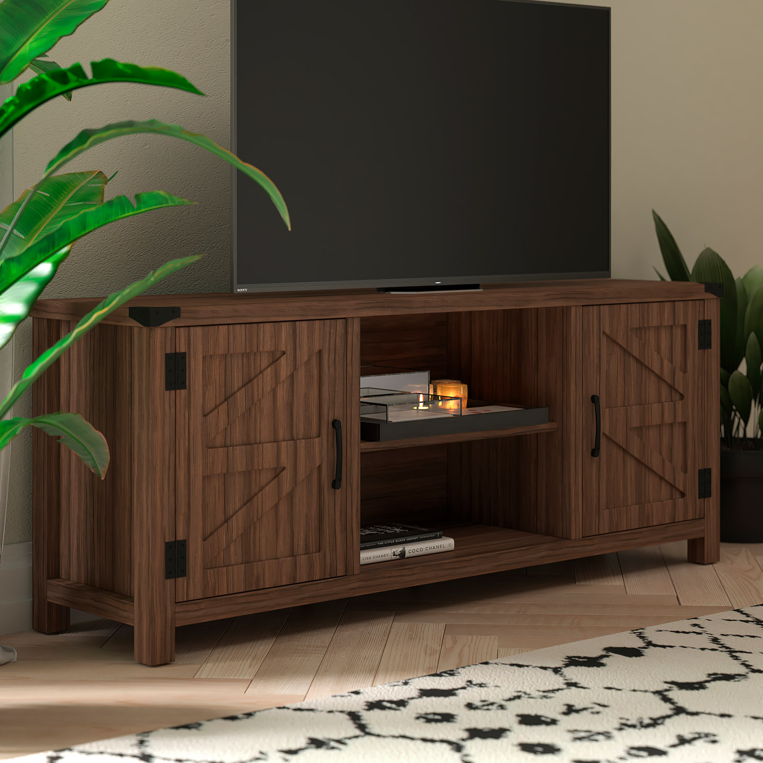 BLNK Charlotte Modern Farmhouse Barn Door TV Stand for TV's up to 65" - 59" Entertainment Center with Adjustable Shelf - Gray Wash Oak
