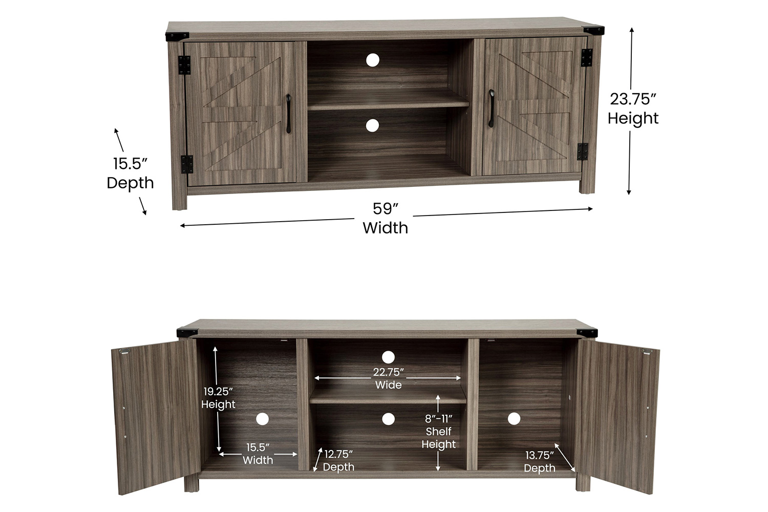 BLNK Charlotte Modern Farmhouse Barn Door TV Stand for TV's up to 65" - 59" Entertainment Center with Adjustable Shelf - Gray Wash Oak