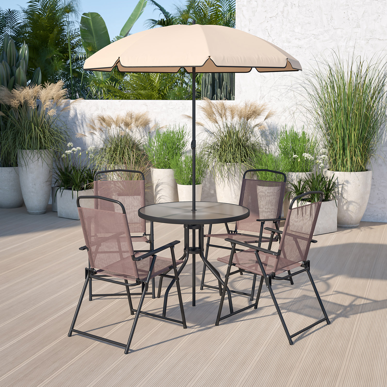 BLNK - Nantucket Patio Garden Set with Umbrella Table and Set of 4 Folding Chairs 6 Piece