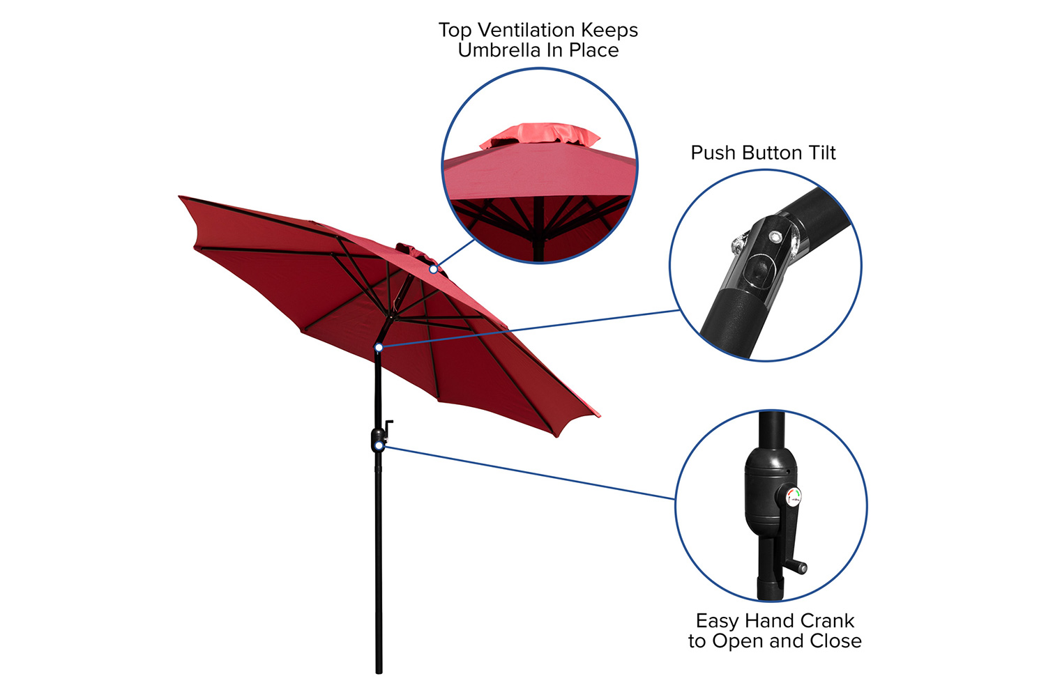 BLNK Kona Round Umbrella with Crank and Tilt Function - Red