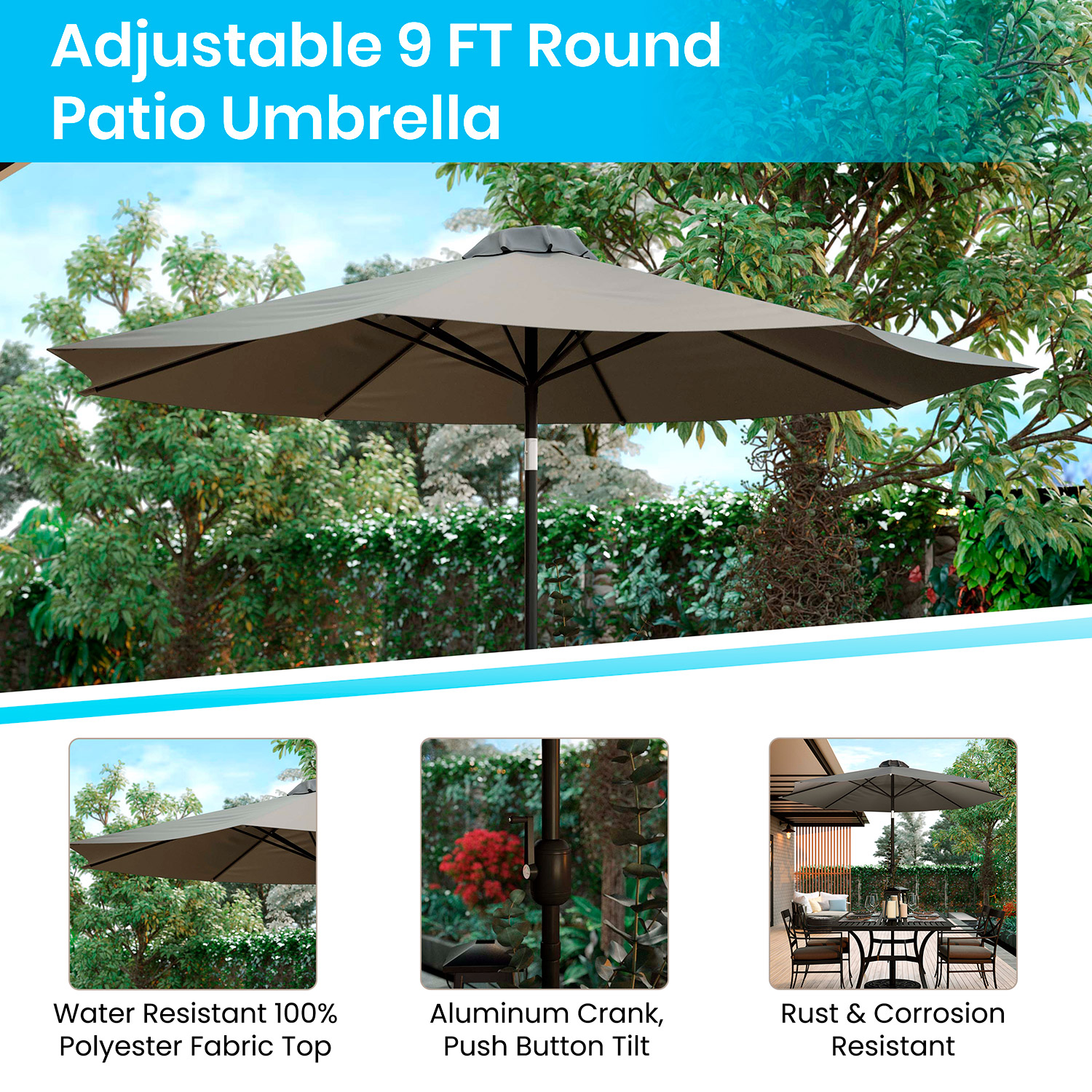 BLNK Sunny Round Umbrella with Crank and Tilt Function and Standing Umbrella Base - Gray