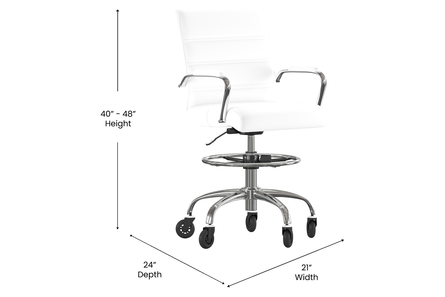 BLNK Lexi LeatherSoft Mid-Back Drafting Chair with Adjustable Foot Ring, Chrome Base, and Transparent Roller Wheels - White
