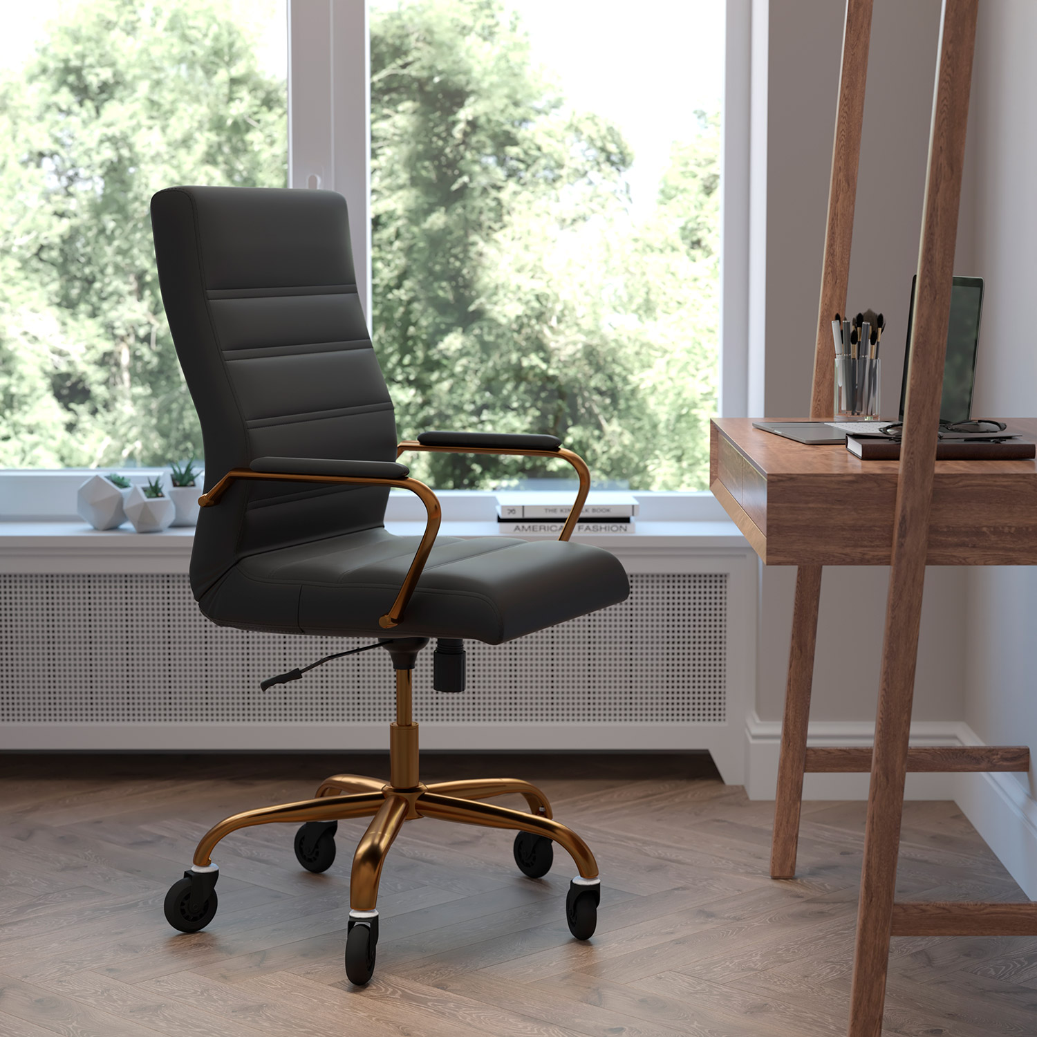 BLNK - Whitney LeatherSoft High-Back Executive Swivel Office Chair with Gold Frame, Arms, and Transparent Roller Wheels