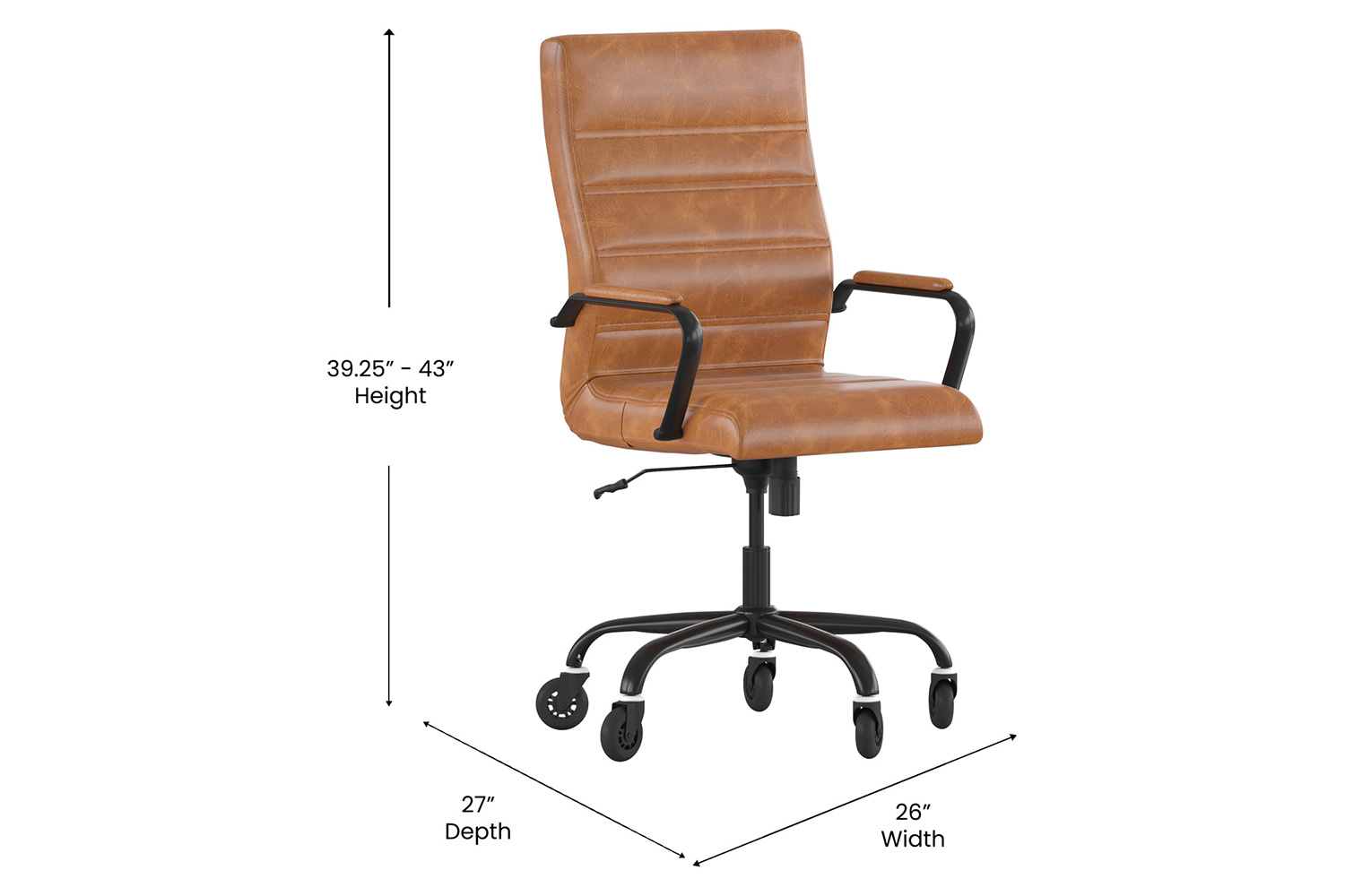 BLNK Whitney LeatherSoft High-Back Executive Swivel Office Chair with Black Frame, Arms, and Transparent Roller Wheels - Brown