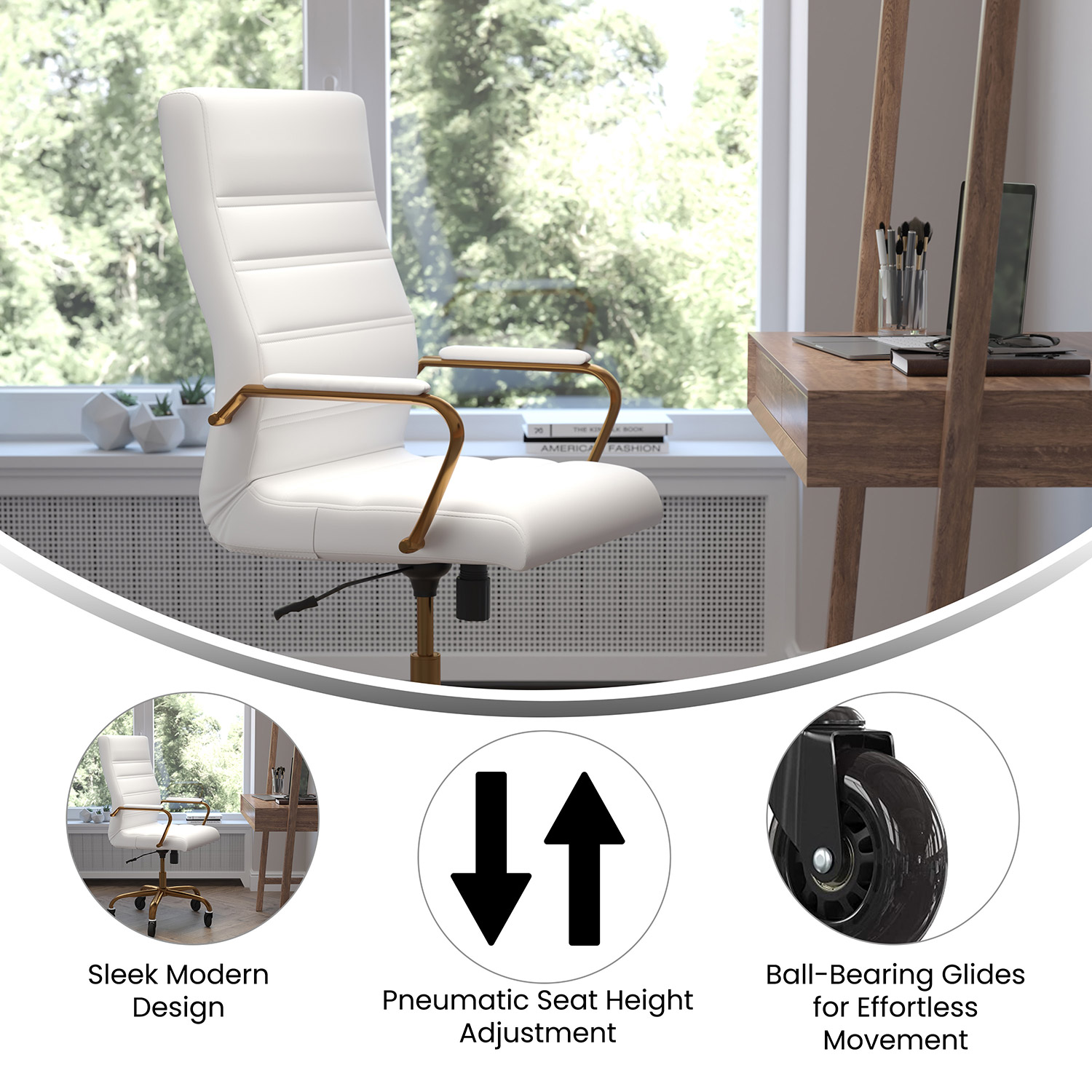 BLNK Whitney LeatherSoft High-Back Executive Swivel Office Chair with Gold Frame, Arms, and Transparent Roller Wheels - White