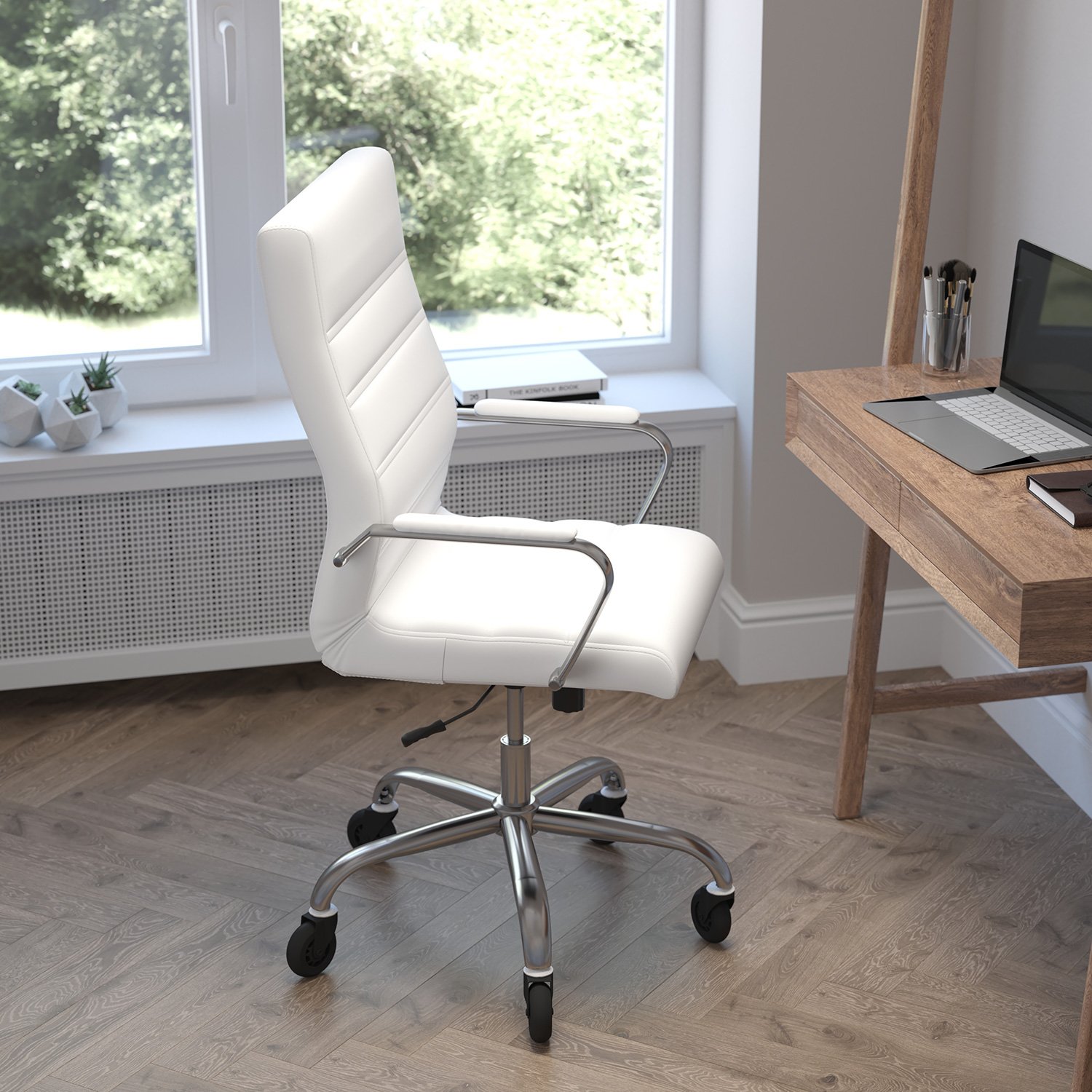 BLNK - Whitney LeatherSoft High-Back Executive Swivel Office Chair with Rose Gold Frame, Arms, and Transparent Roller Wheels