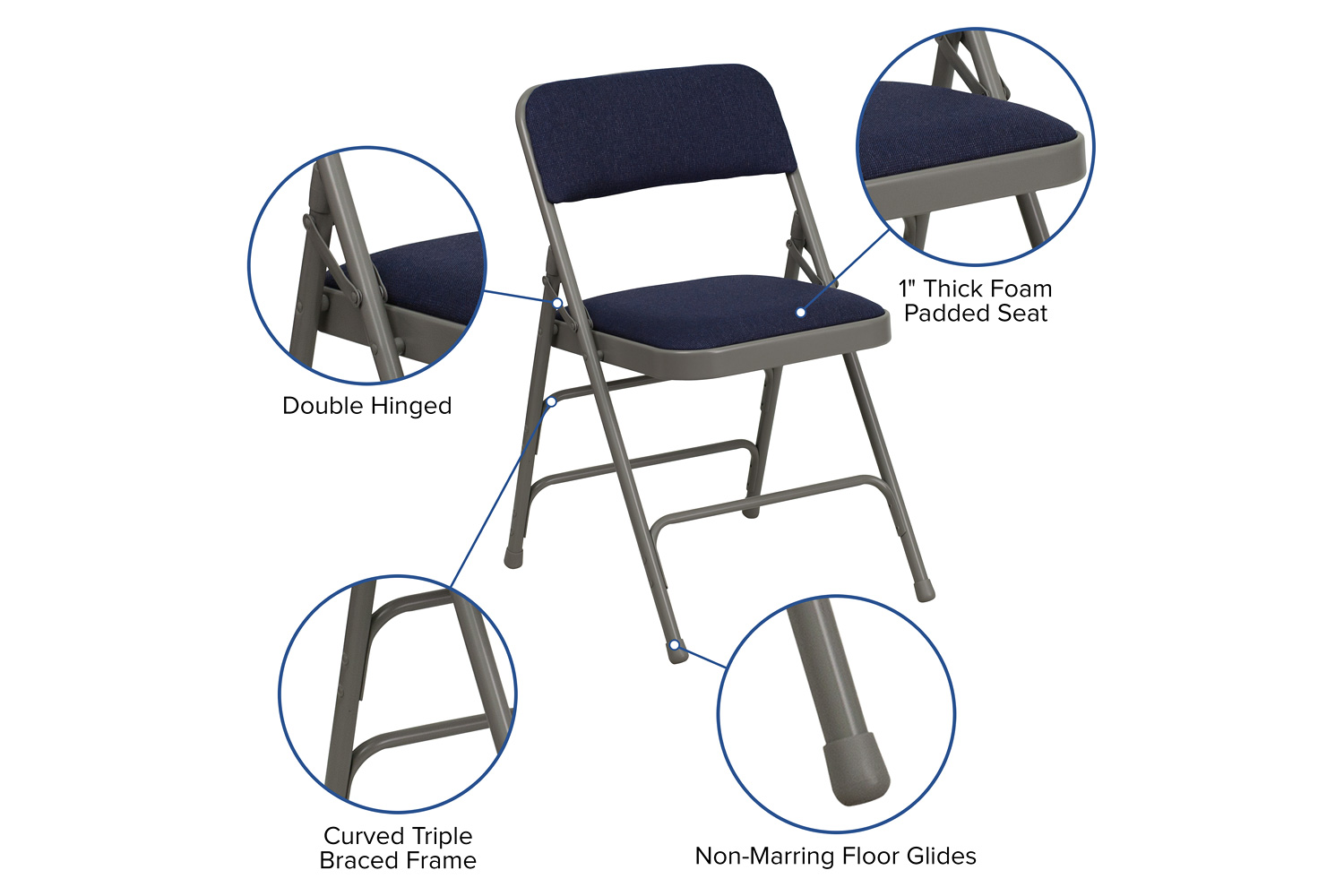 BLNK HERCULES Series Fabric Curved Triple Braced and Double Hinged Metal Folding Chair - Navy