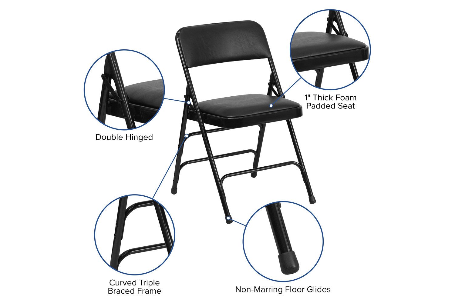BLNK HERCULES Series Vinyl Curved Triple Braced and Double Hinged Metal Folding Chair - Black