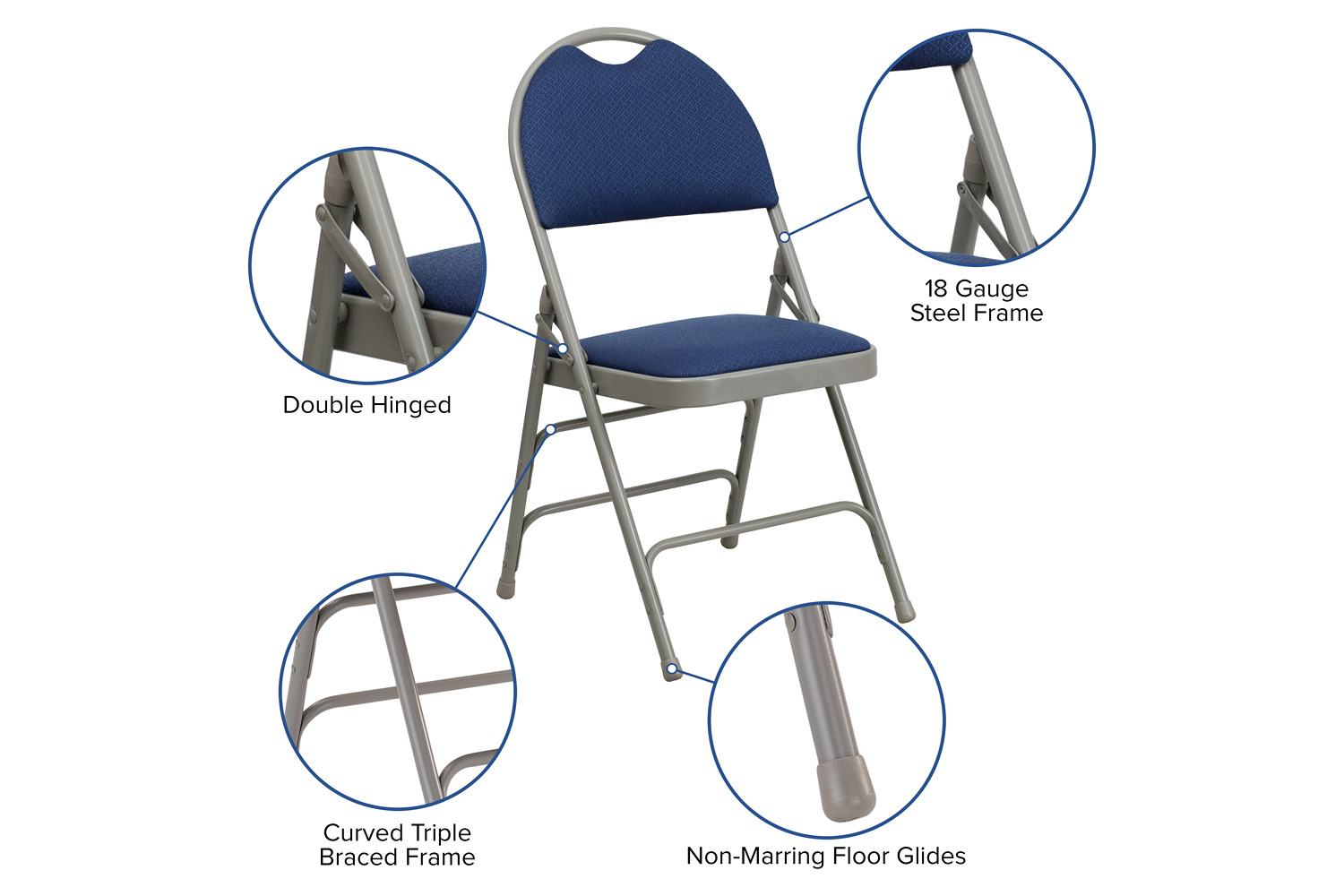 BLNK HERCULES Series Fabric Ultra-Premium Triple Braced Metal Folding Chair with Easy-Carry Handle - Navy