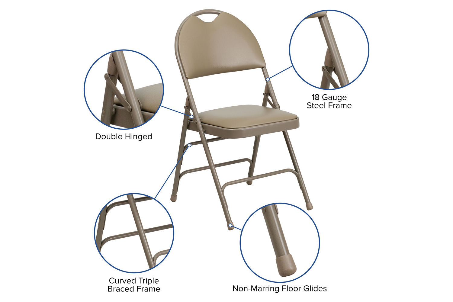 BLNK HERCULES Series Vinyl Ultra-Premium Triple Braced Metal Folding Chair with Easy-Carry Handle - Beige