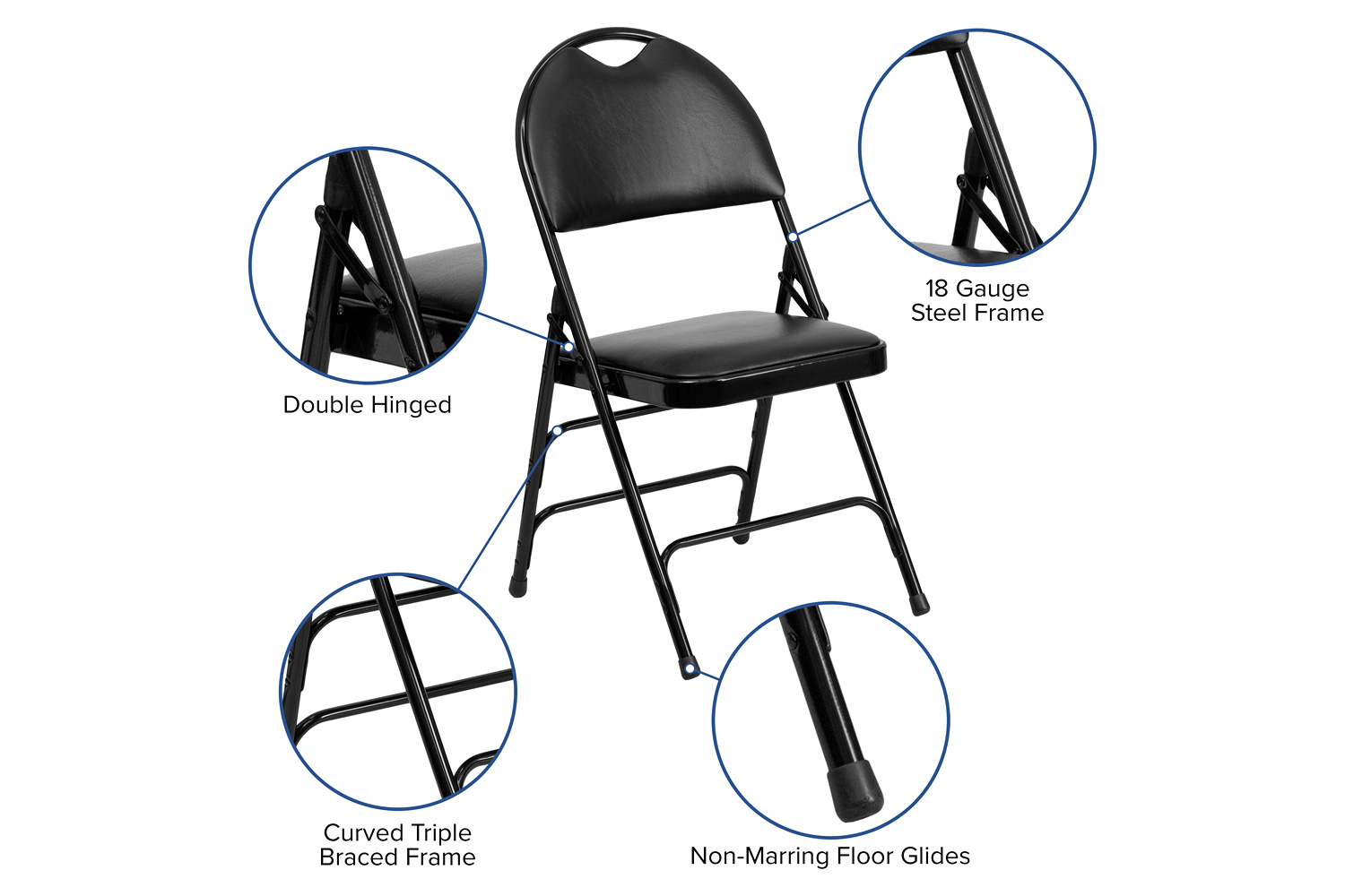 BLNK HERCULES Series Vinyl Ultra-Premium Triple Braced Metal Folding Chair with Easy-Carry Handle - Black