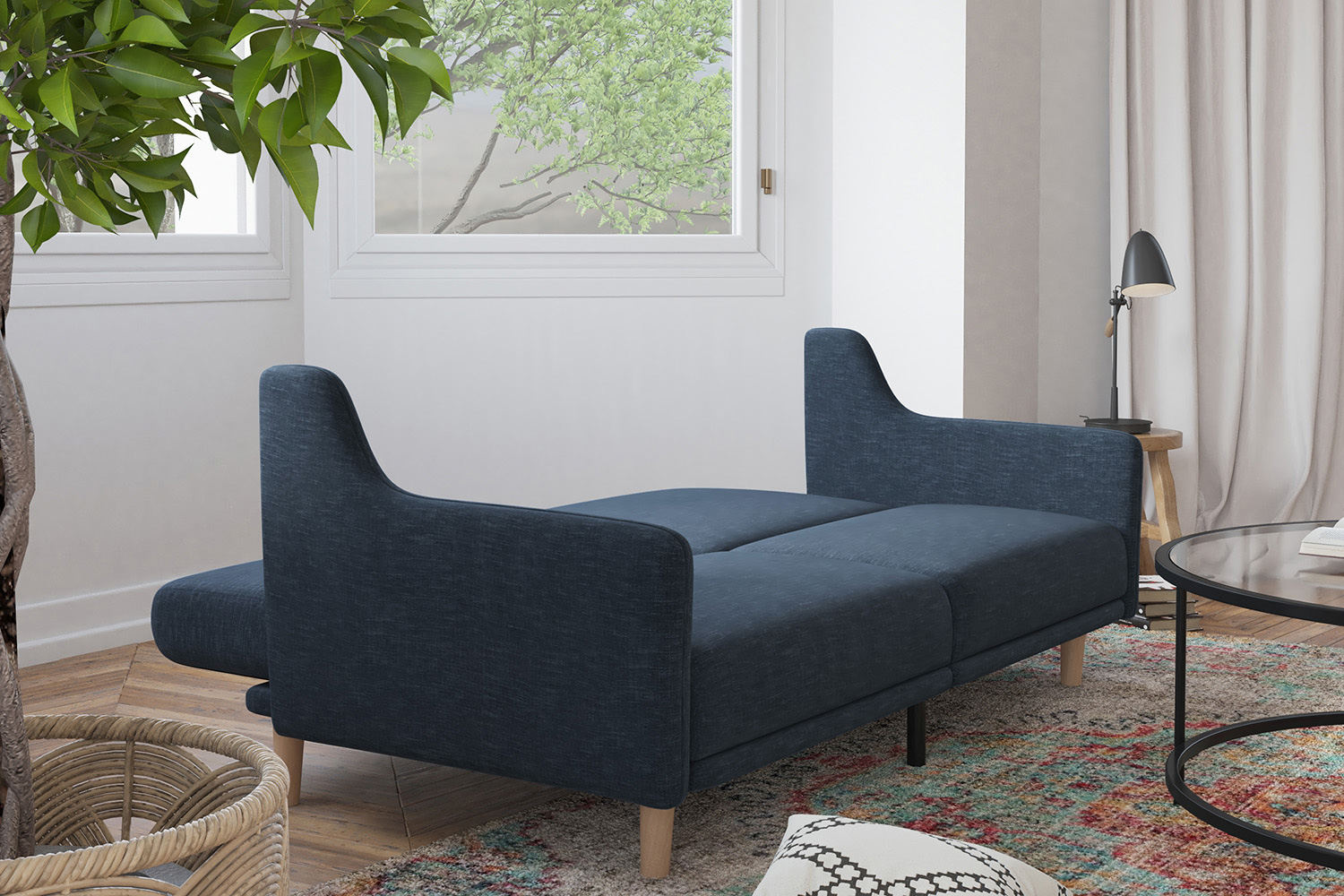BLNK Delphine Faux Linen Premium Convertible Split Back Sofa Futon with Curved Armrests and Solid Wood Legs - Navy