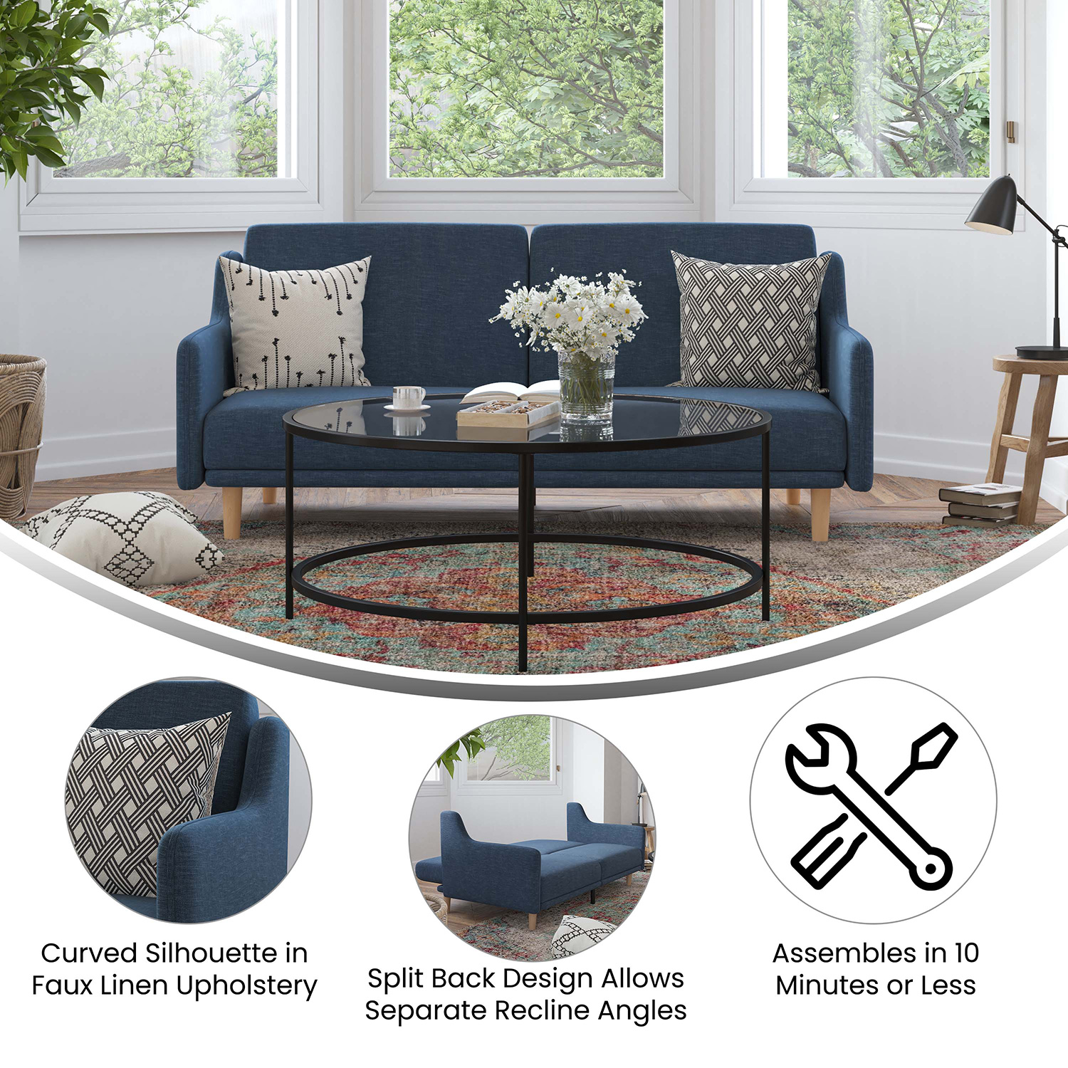 BLNK Delphine Faux Linen Premium Convertible Split Back Sofa Futon with Curved Armrests and Solid Wood Legs - Navy