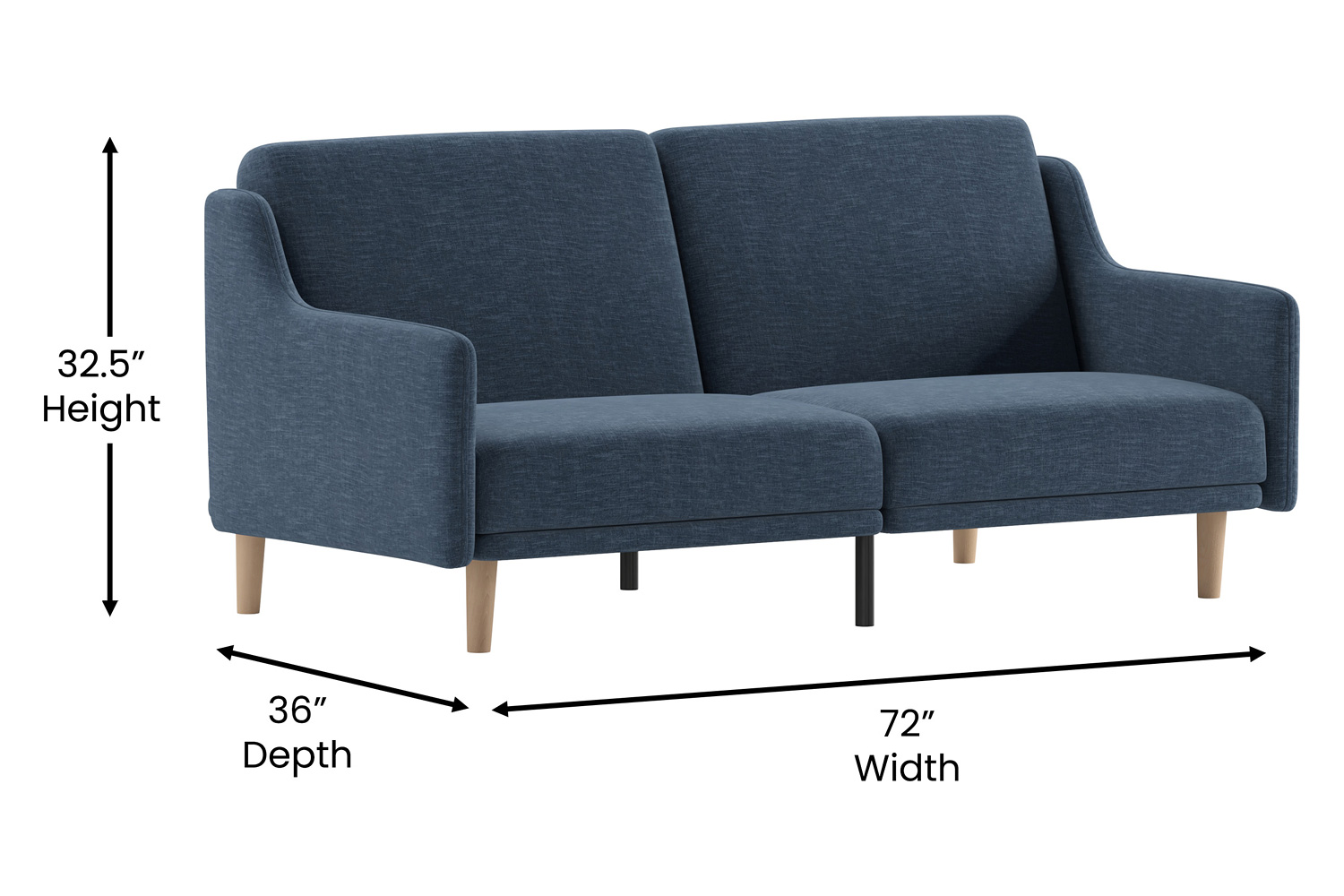 BLNK Delphine Faux Linen Premium Convertible Split Back Sofa Futon with Curved Armrests and Solid Wood Legs - Navy