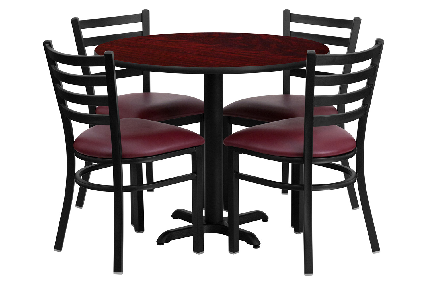 BLNK Carlton Round Mahogany Laminate Table Set with X-Base and 4 Ladder Back Metal Chairs with Vinyl Seat - Burgundy