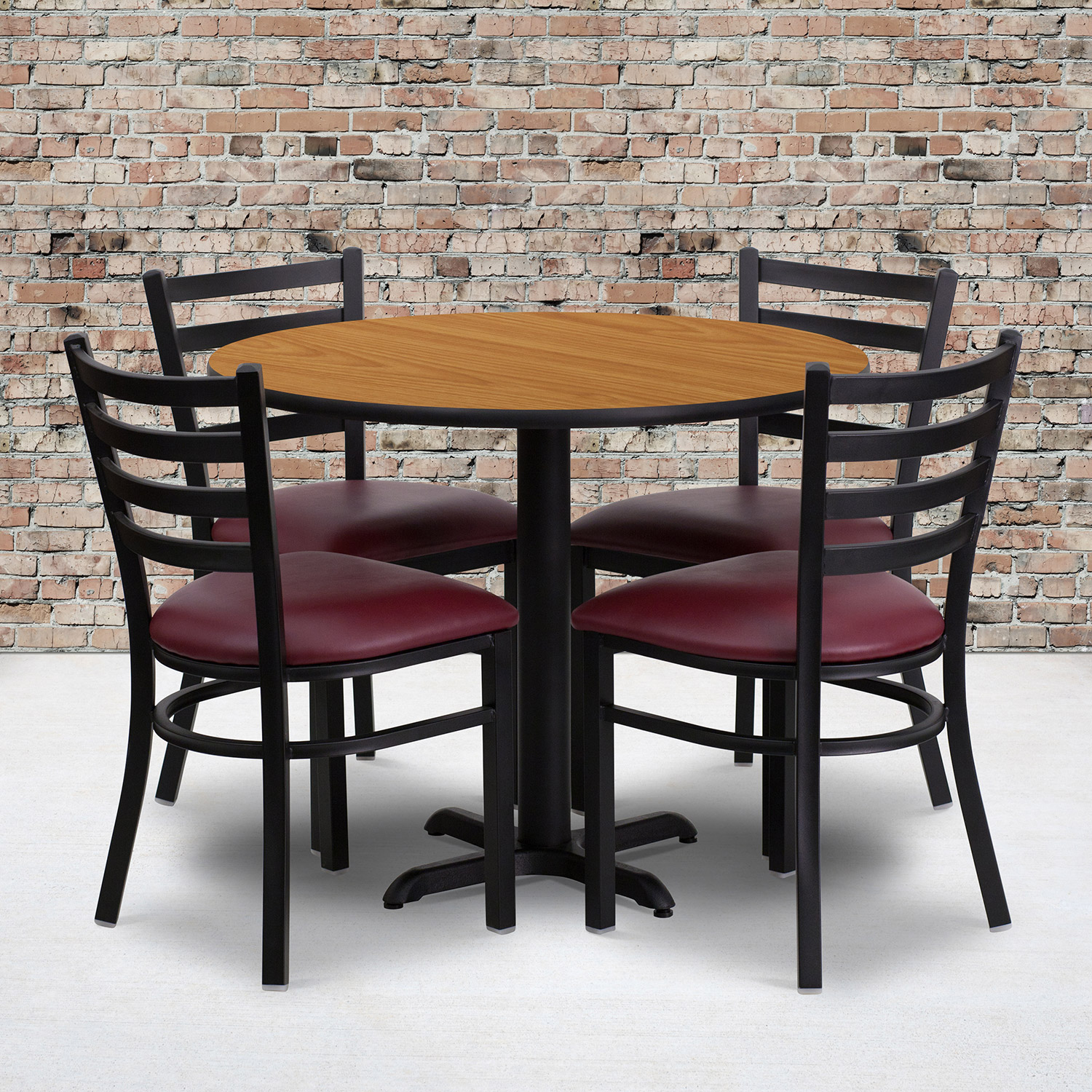 BLNK - Carlton Round Natural Laminate Table Set with X-Base and 4 Ladder Back Metal Chairs with Vinyl Seat