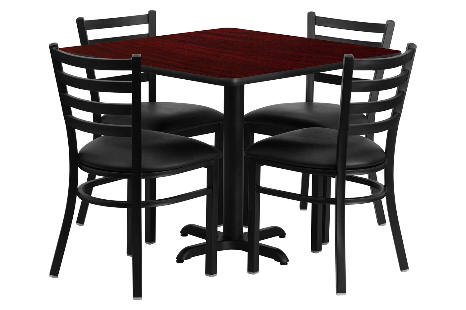 BLNK Carlton Square Laminate Table Set with X-Base and 4 Ladder Back Metal Chairs with Black Vinyl Seat - Mahogany