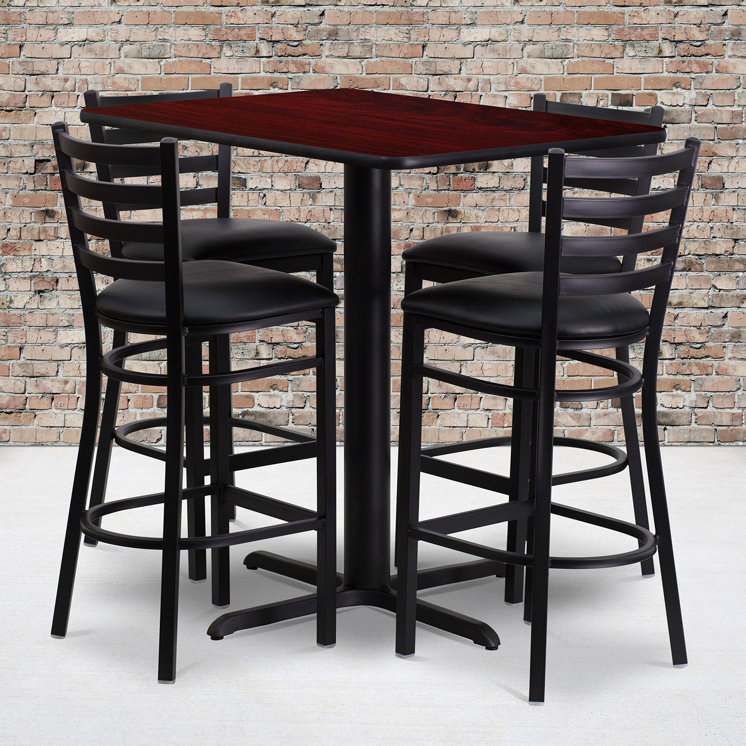 BLNK - Carlton Rectangular Laminate Table Set with 4 Ladder Back Metal Bar Stools with Black Vinyl Seat