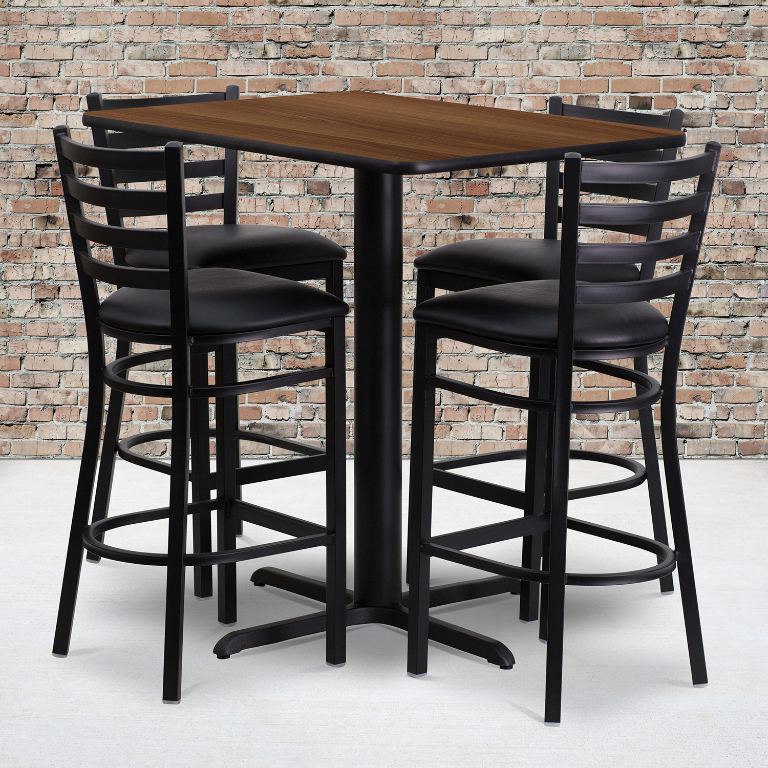 BLNK - Carlton Rectangular Laminate Table Set with 4 Ladder Back Metal Bar Stools with Black Vinyl Seat
