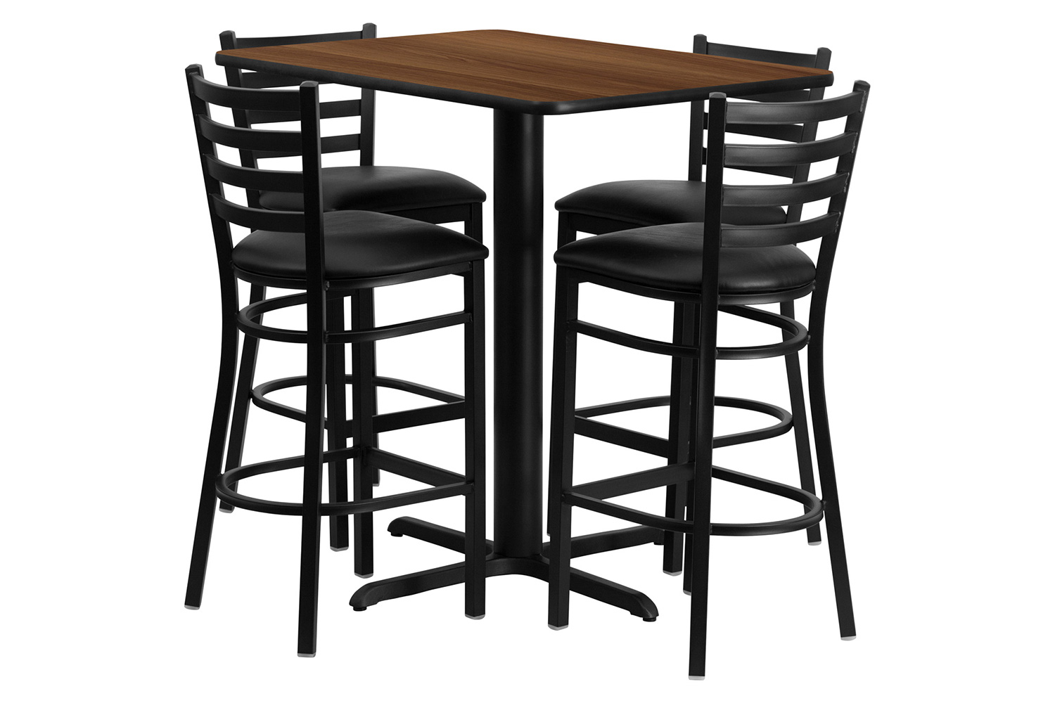 BLNK Carlton Rectangular Laminate Table Set with 4 Ladder Back Metal Bar Stools with Black Vinyl Seat - Walnut