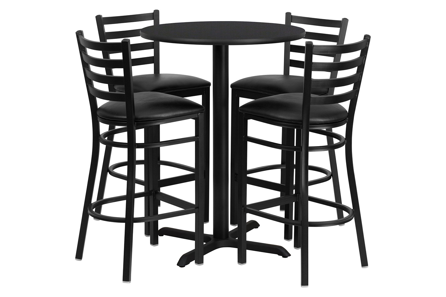 BLNK Carlton Round Laminate Table Set with X-Base and 4 Ladder Back Metal Bar Stools with Black Vinyl Seat - Black