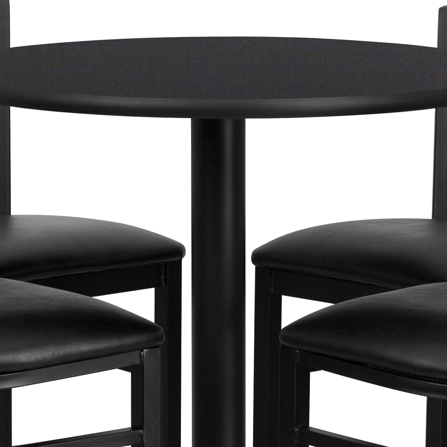 BLNK Carlton Round Laminate Table Set with X-Base and 4 Ladder Back Metal Bar Stools with Black Vinyl Seat - Black