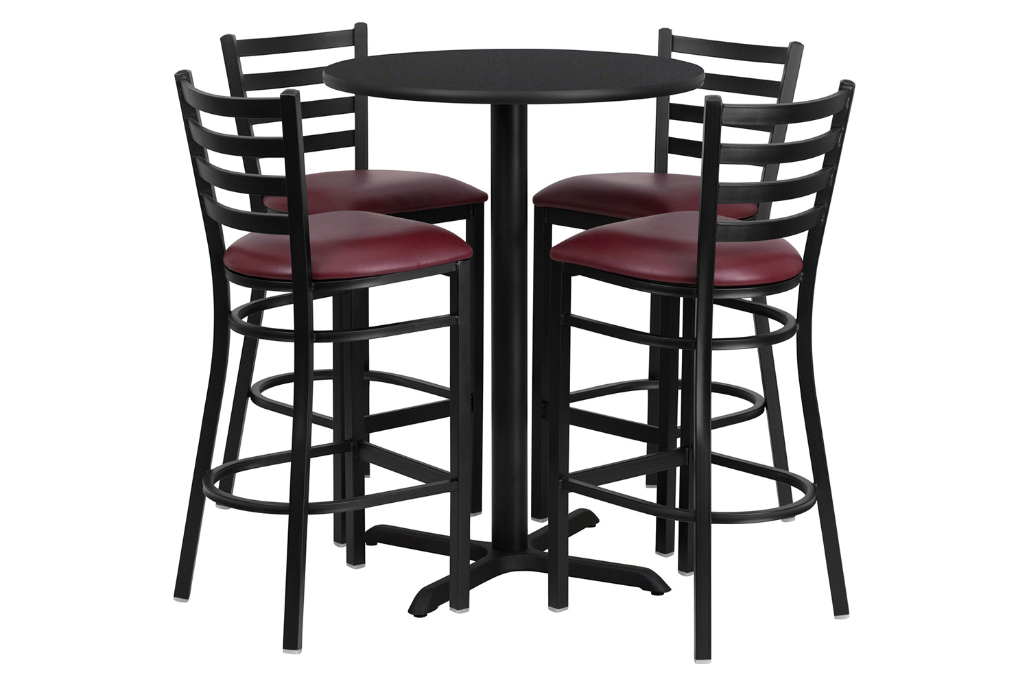 BLNK - Carlton Round Laminate Table Set with X-Base and 4 Ladder Back Metal Bar Stools with Burgundy Vinyl Seat