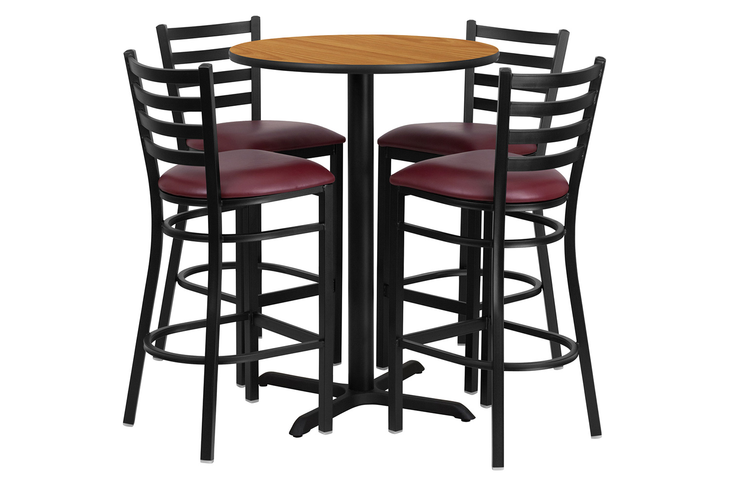 BLNK Carlton Round Laminate Table Set with X-Base and 4 Ladder Back Metal Bar Stools with Burgundy Vinyl Seat - Natural