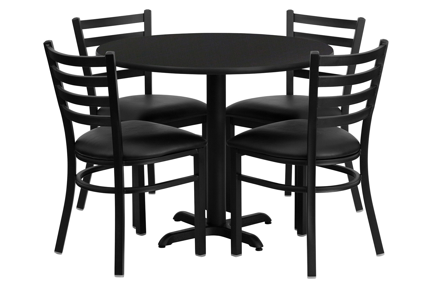 BLNK - Carlton Round Black Laminate Table Set with X-Base and 4 Ladder Back Metal Chairs with Vinyl Seat