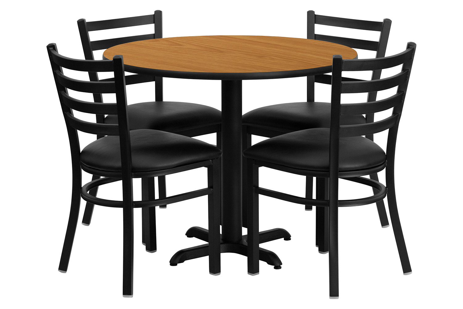 BLNK - Carlton Round Natural Laminate Table Set with X-Base and 4 Ladder Back Metal Chairs with Vinyl Seat