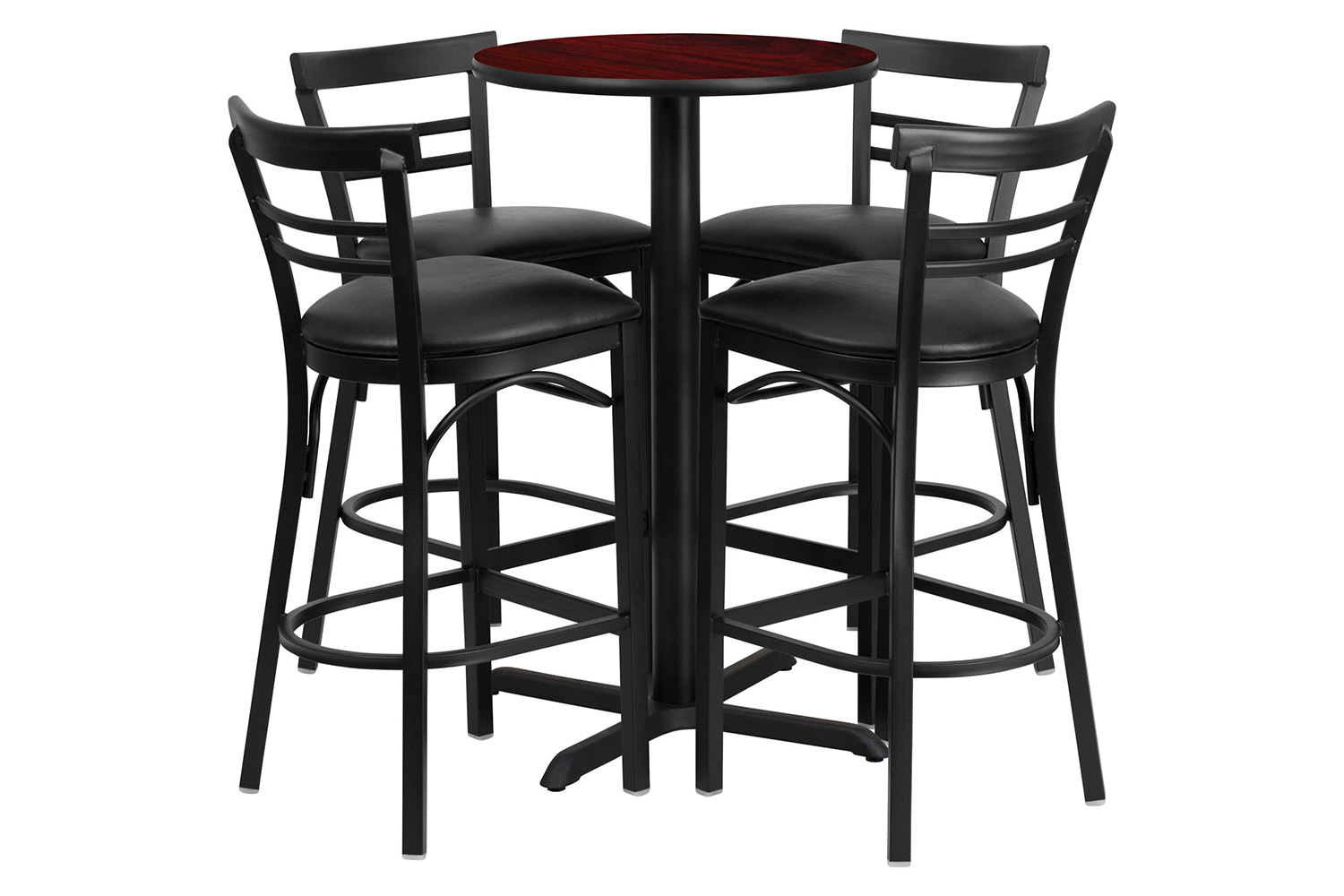 BLNK Carlton Round Laminate Table Set with X-Base and 4 Two-Slat Ladder Back Metal Bar Stools with Black Vinyl Seat - Mahogany